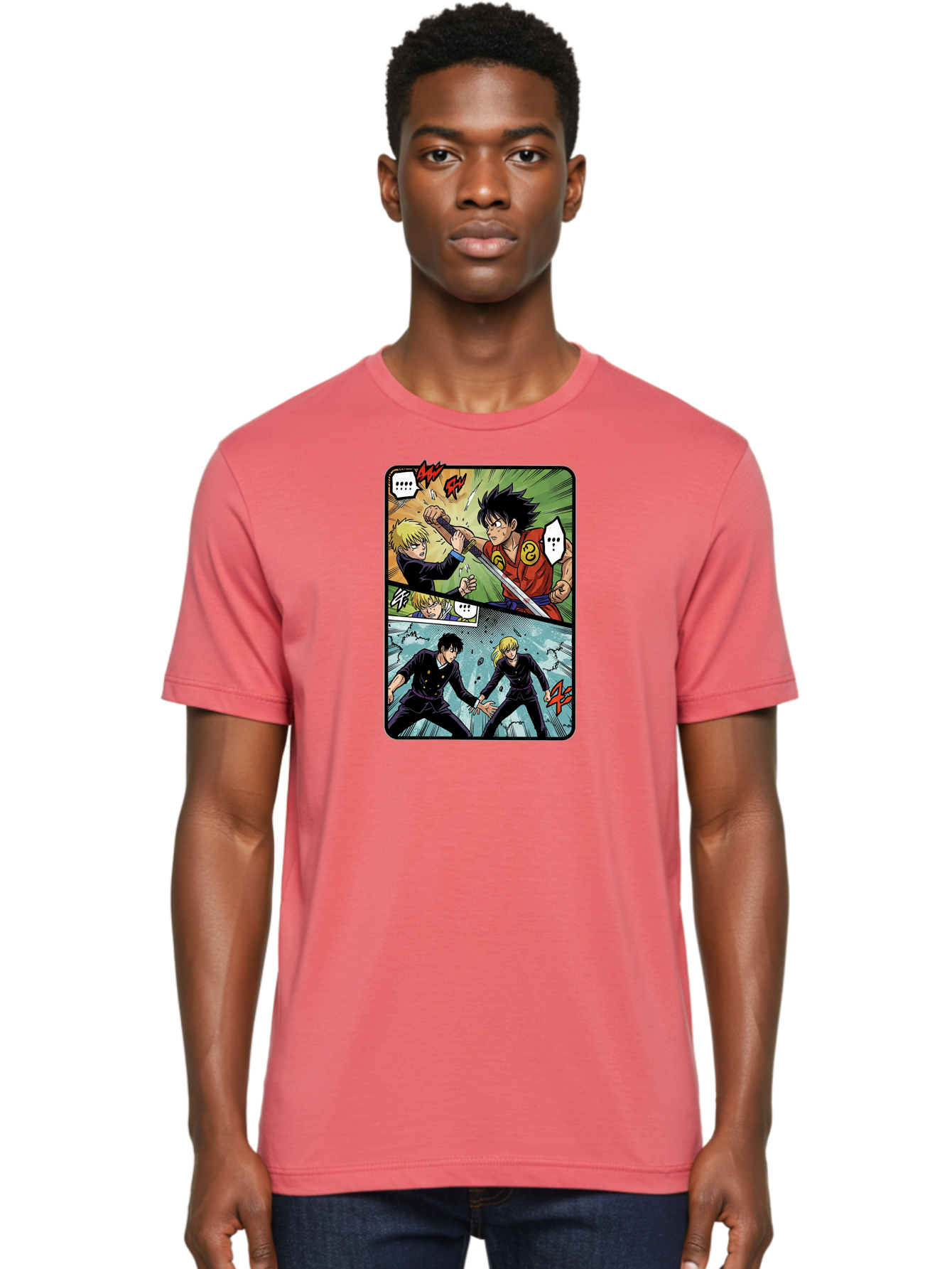 Black-And-Blonde-Anime-Boys-Fighting Men'S Graphic Tee, 100% Cotton, Comfortable Casual Summer Wear, Machine Washable, Anime Comic Strip, Action Scene, Asta And Licht Fight, Dramatic Poses, Dynamic Movement, Intense Battle, Manga Style, Bab683