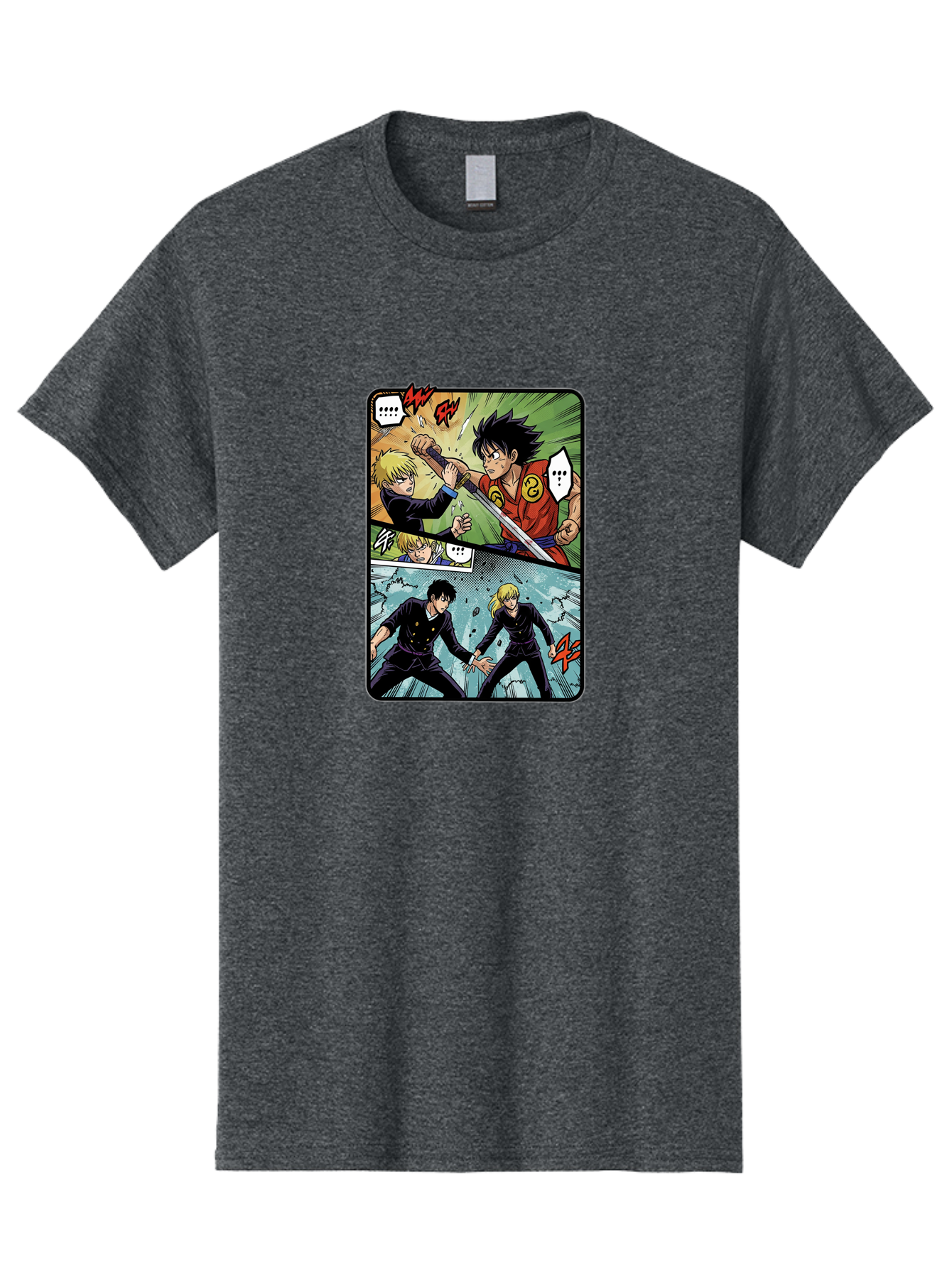 Black-And-Blonde-Anime-Boys-Fighting Men'S Graphic Tee, 100% Cotton, Comfortable Casual Summer Wear, Machine Washable, Anime Comic Strip, Action Scene, Asta And Licht Fight, Dramatic Poses, Dynamic Movement, Intense Battle, Manga Style, Bab683