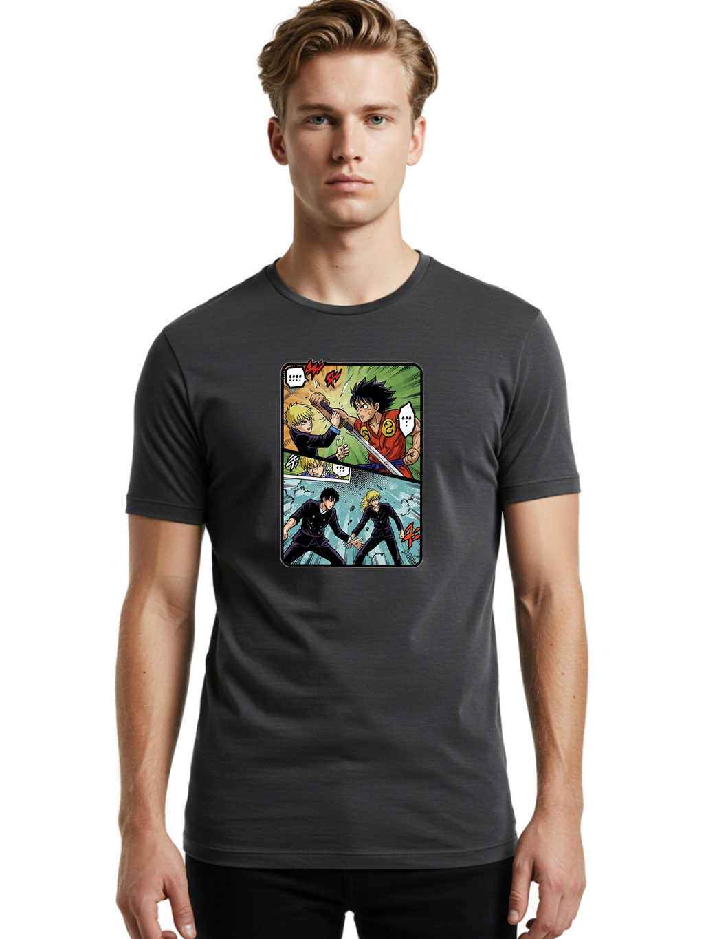 Black-And-Blonde-Anime-Boys-Fighting Men'S Graphic Tee, 100% Cotton, Comfortable Casual Summer Wear, Machine Washable, Anime Comic Strip, Action Scene, Asta And Licht Fight, Dramatic Poses, Dynamic Movement, Intense Battle, Manga Style, Bab683