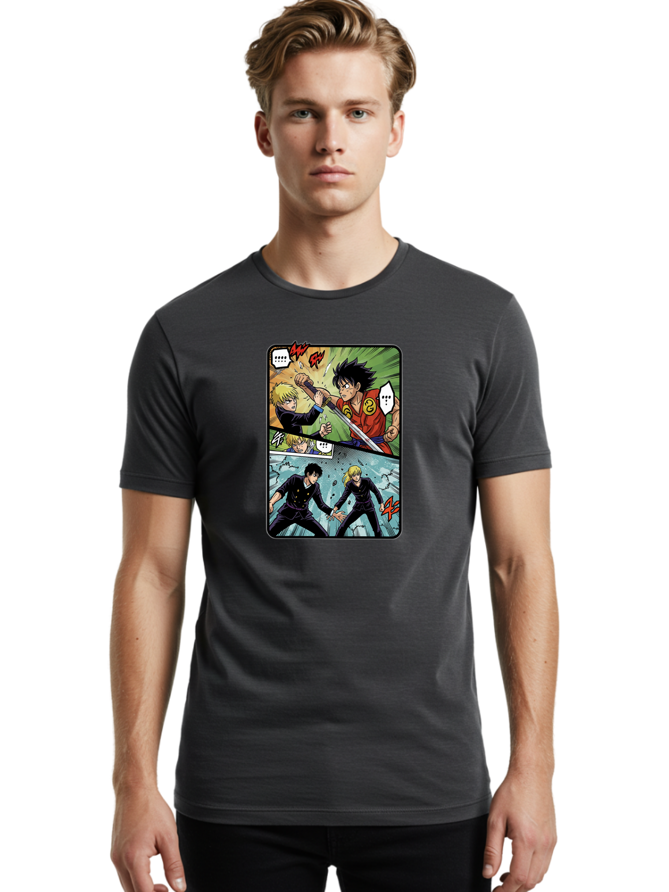 Black-And-Blonde-Anime-Boys-Fighting Men'S Graphic Tee, 100% Cotton, Comfortable Casual Summer Wear, Machine Washable, Anime Comic Strip, Action Scene, Asta And Licht Fight, Dramatic Poses, Dynamic Movement, Intense Battle, Manga Style, Bab683