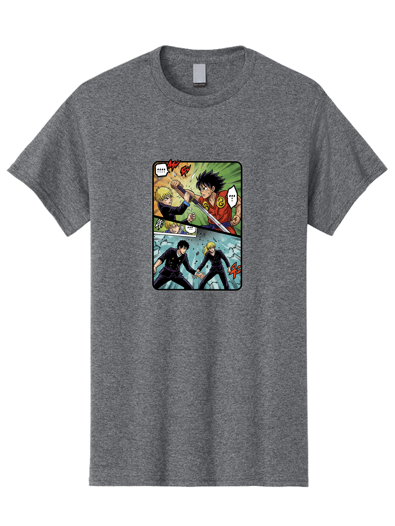 Black-And-Blonde-Anime-Boys-Fighting Men'S Graphic Tee, 100% Cotton, Comfortable Casual Summer Wear, Machine Washable, Anime Comic Strip, Action Scene, Asta And Licht Fight, Dramatic Poses, Dynamic Movement, Intense Battle, Manga Style, Bab683