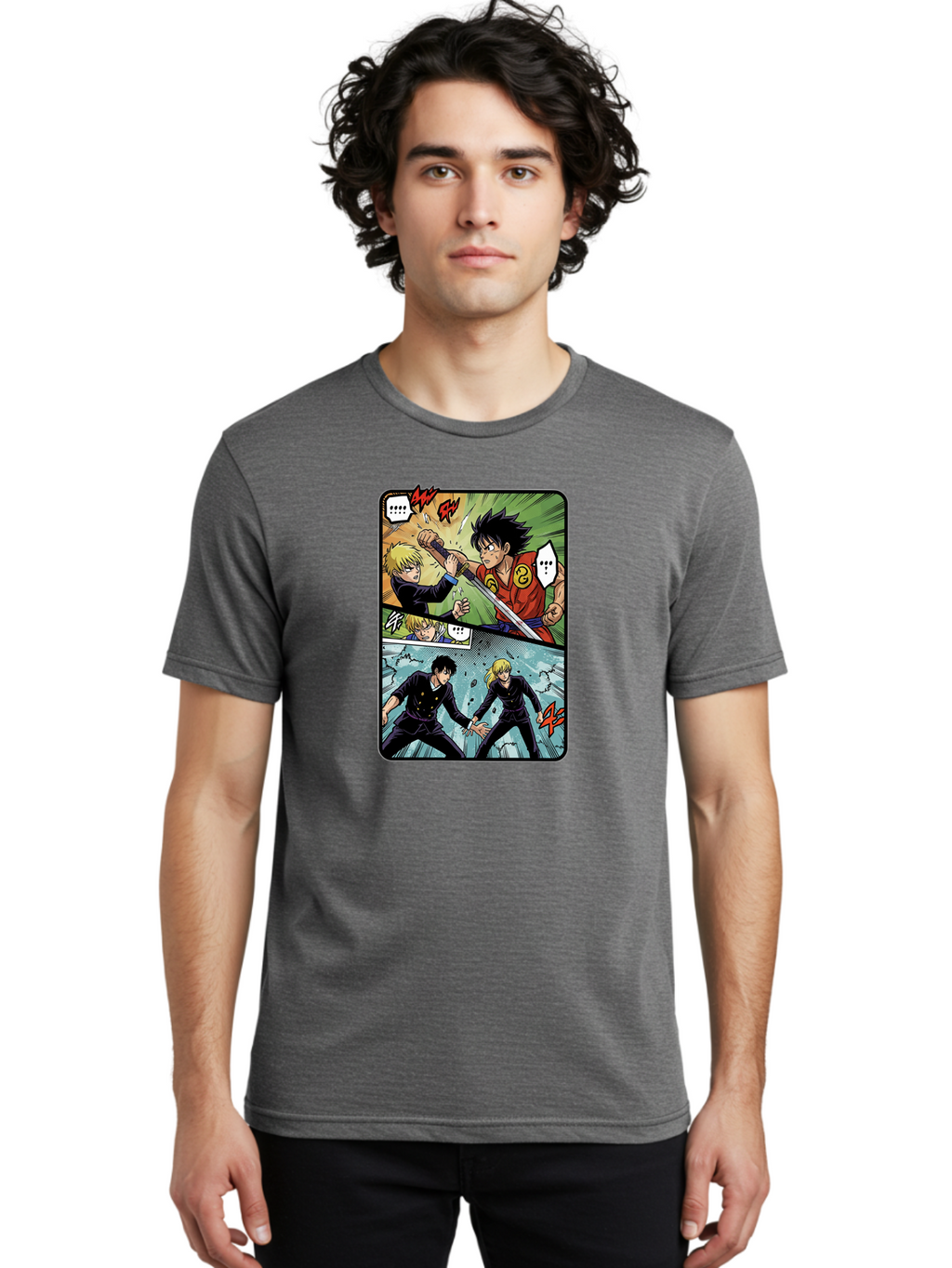 Black-And-Blonde-Anime-Boys-Fighting Men'S Graphic Tee, 100% Cotton, Comfortable Casual Summer Wear, Machine Washable, Anime Comic Strip, Action Scene, Asta And Licht Fight, Dramatic Poses, Dynamic Movement, Intense Battle, Manga Style, Bab683