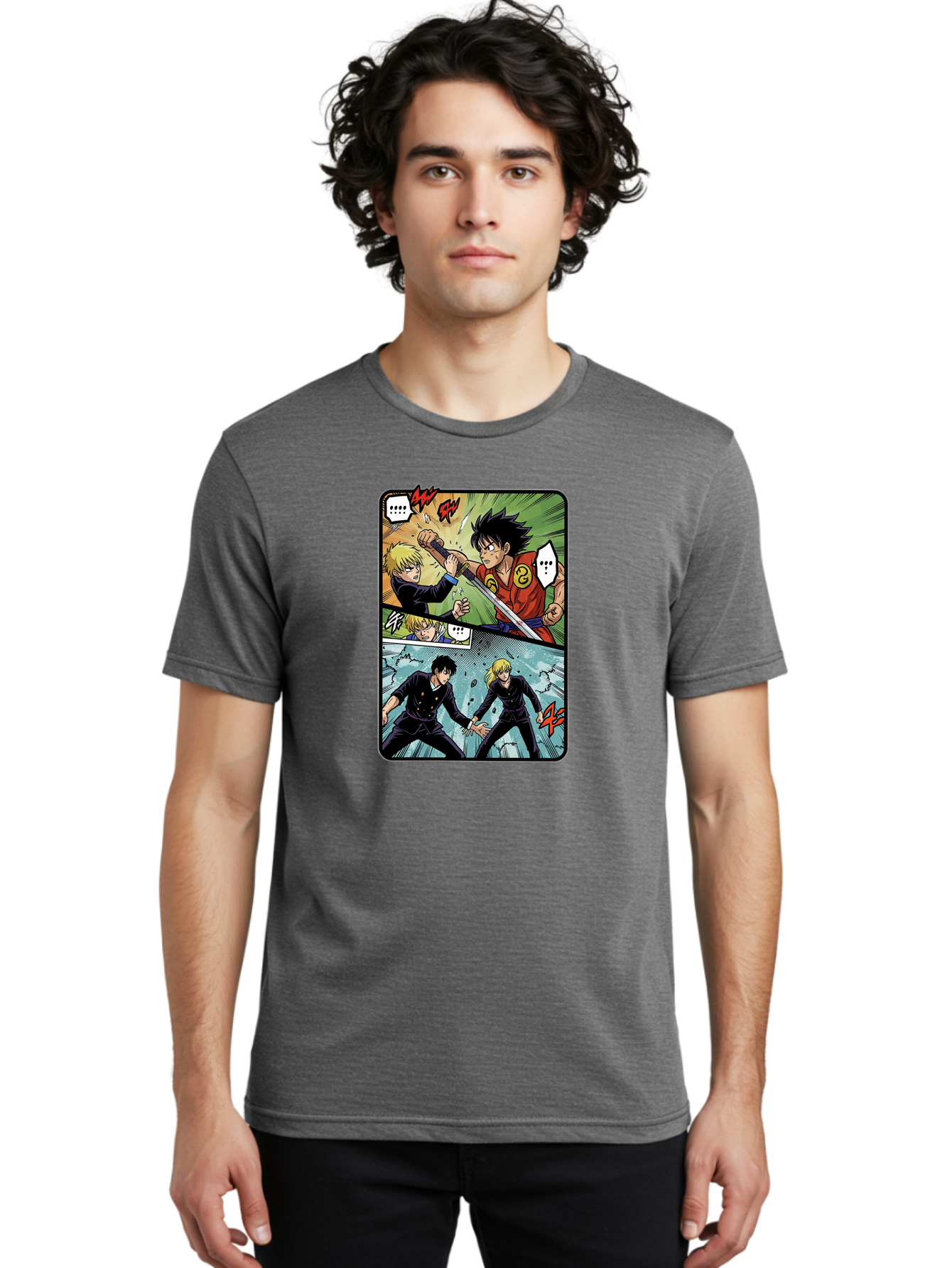 Black-And-Blonde-Anime-Boys-Fighting Men'S Graphic Tee, 100% Cotton, Comfortable Casual Summer Wear, Machine Washable, Anime Comic Strip, Action Scene, Asta And Licht Fight, Dramatic Poses, Dynamic Movement, Intense Battle, Manga Style, Bab683