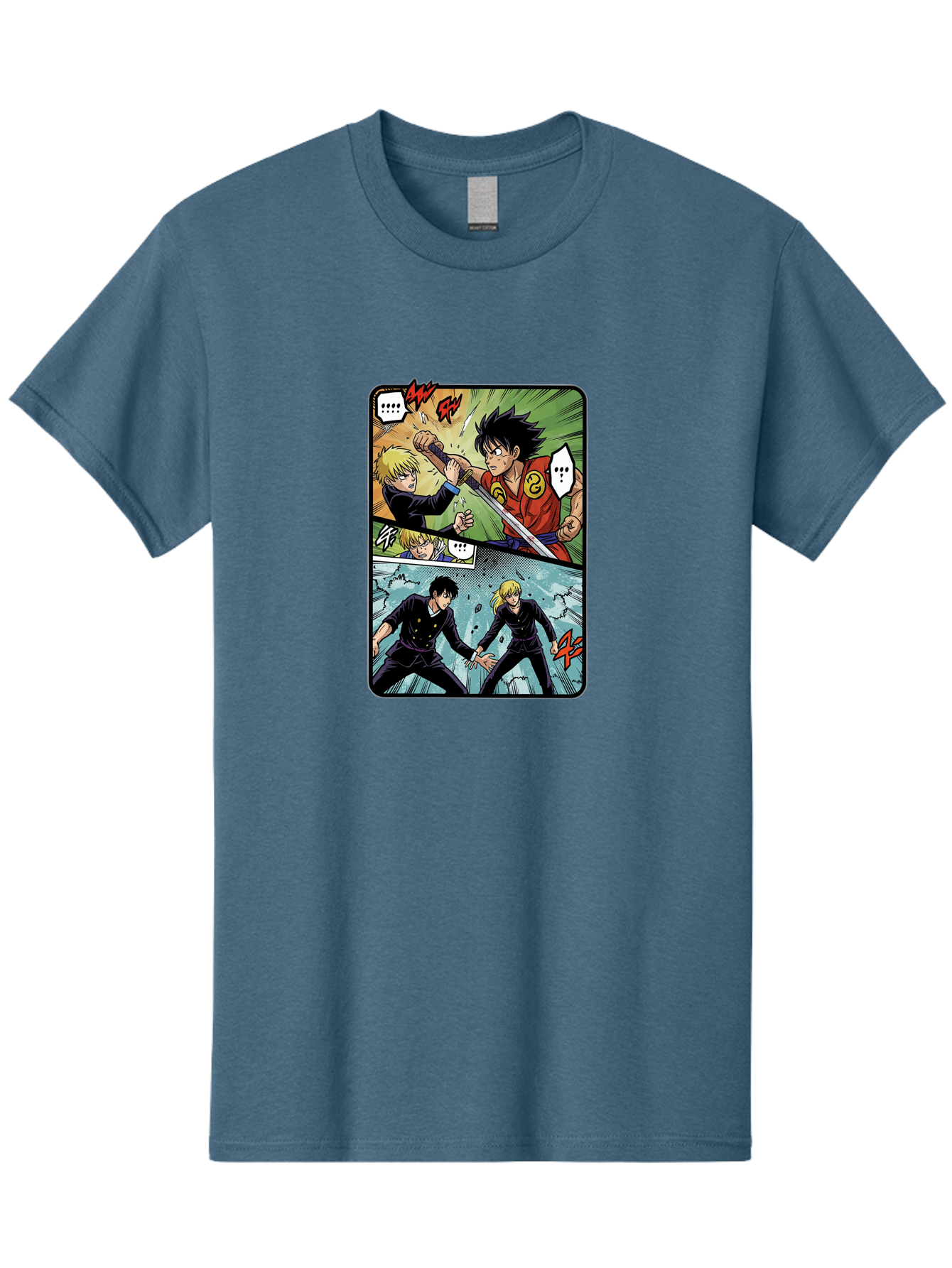 Black-And-Blonde-Anime-Boys-Fighting Men'S Graphic Tee, 100% Cotton, Comfortable Casual Summer Wear, Machine Washable, Anime Comic Strip, Action Scene, Asta And Licht Fight, Dramatic Poses, Dynamic Movement, Intense Battle, Manga Style, Bab683