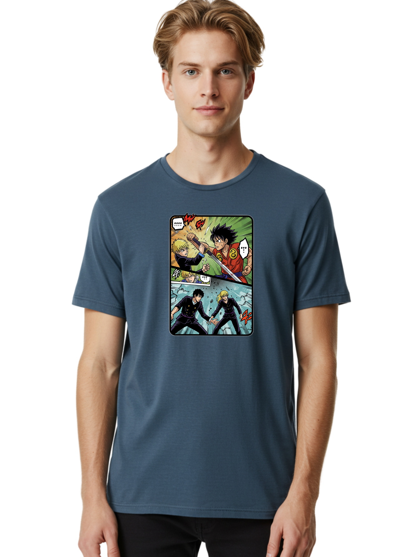 Black-And-Blonde-Anime-Boys-Fighting Men'S Graphic Tee, 100% Cotton, Comfortable Casual Summer Wear, Machine Washable, Anime Comic Strip, Action Scene, Asta And Licht Fight, Dramatic Poses, Dynamic Movement, Intense Battle, Manga Style, Bab683