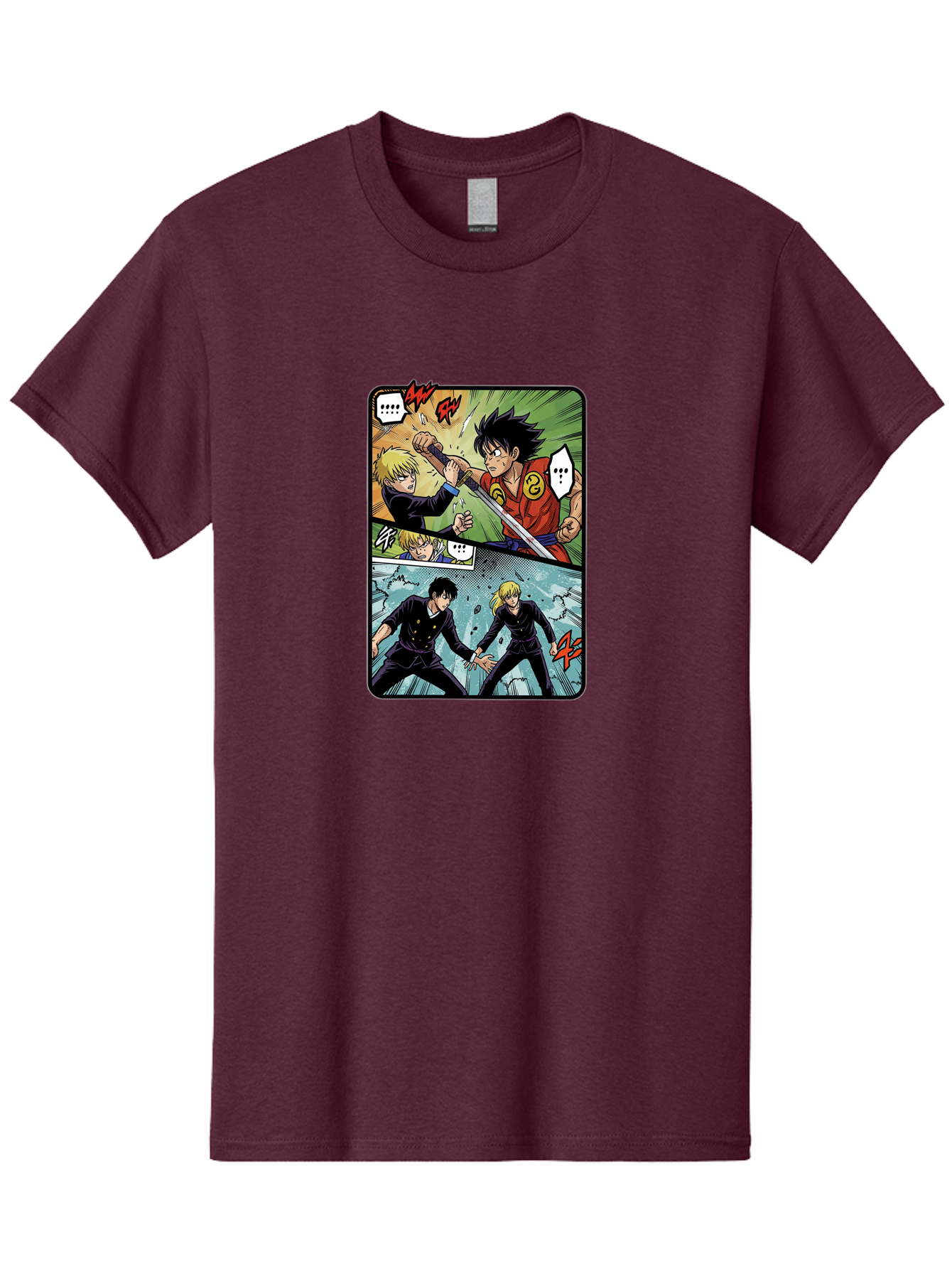 Black-And-Blonde-Anime-Boys-Fighting Men'S Graphic Tee, 100% Cotton, Comfortable Casual Summer Wear, Machine Washable, Anime Comic Strip, Action Scene, Asta And Licht Fight, Dramatic Poses, Dynamic Movement, Intense Battle, Manga Style, Bab683