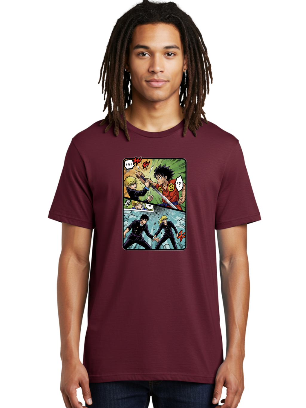 Black-And-Blonde-Anime-Boys-Fighting Men'S Graphic Tee, 100% Cotton, Comfortable Casual Summer Wear, Machine Washable, Anime Comic Strip, Action Scene, Asta And Licht Fight, Dramatic Poses, Dynamic Movement, Intense Battle, Manga Style, Bab683