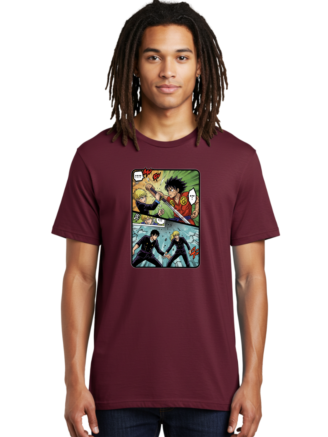 Black-And-Blonde-Anime-Boys-Fighting Men'S Graphic Tee, 100% Cotton, Comfortable Casual Summer Wear, Machine Washable, Anime Comic Strip, Action Scene, Asta And Licht Fight, Dramatic Poses, Dynamic Movement, Intense Battle, Manga Style, Bab683