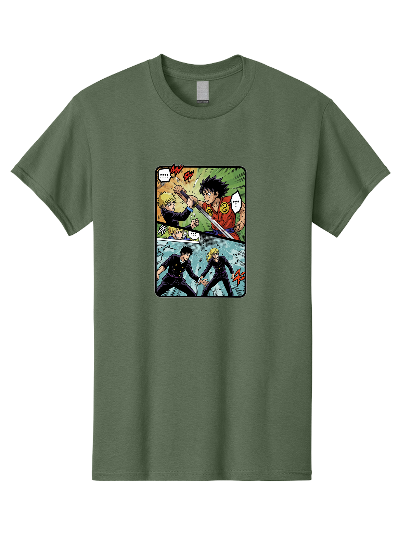 Black-And-Blonde-Anime-Boys-Fighting Men'S Graphic Tee, 100% Cotton, Comfortable Casual Summer Wear, Machine Washable, Anime Comic Strip, Action Scene, Asta And Licht Fight, Dramatic Poses, Dynamic Movement, Intense Battle, Manga Style, Bab683