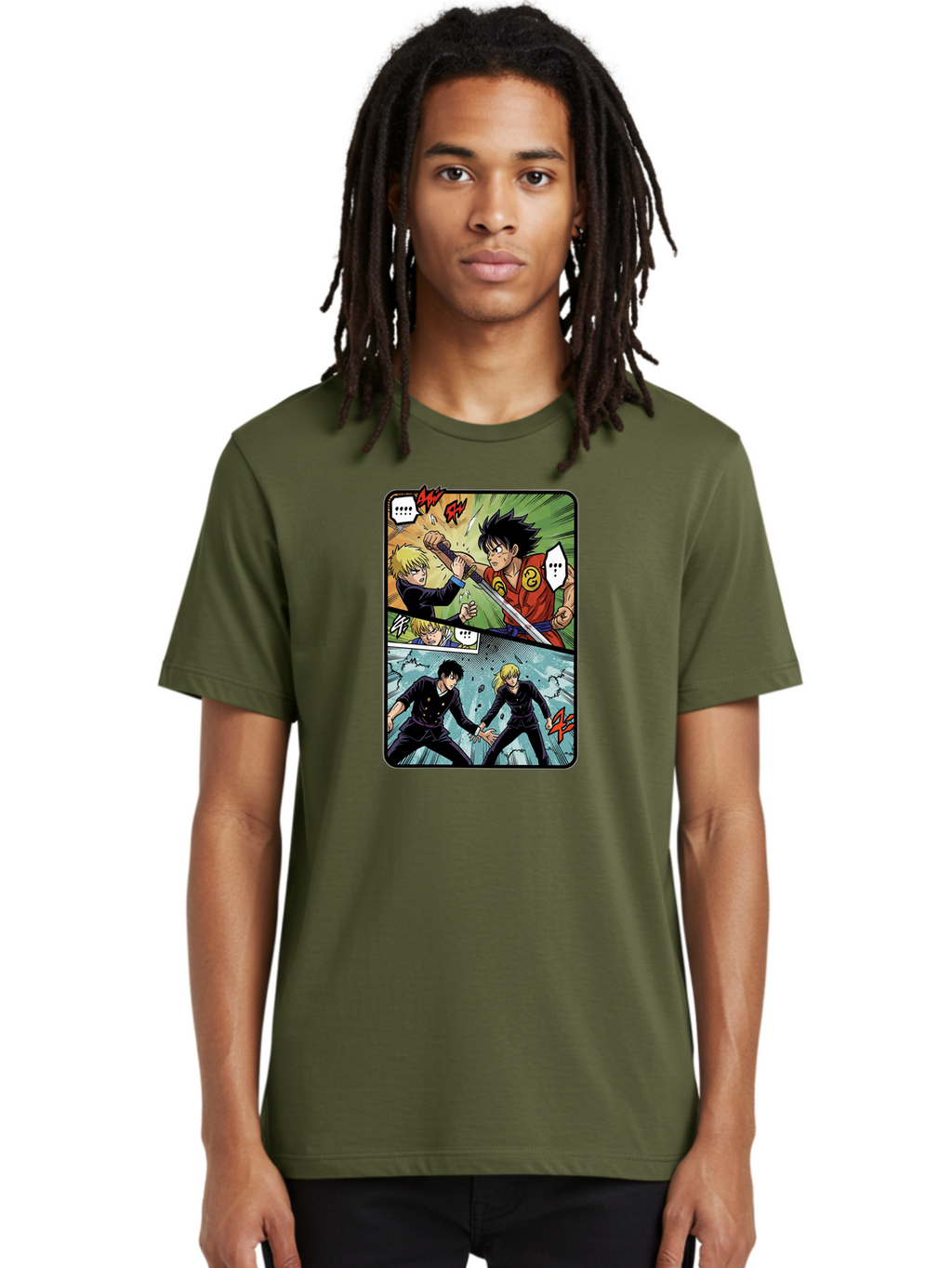 Black-And-Blonde-Anime-Boys-Fighting Men'S Graphic Tee, 100% Cotton, Comfortable Casual Summer Wear, Machine Washable, Anime Comic Strip, Action Scene, Asta And Licht Fight, Dramatic Poses, Dynamic Movement, Intense Battle, Manga Style, Bab683