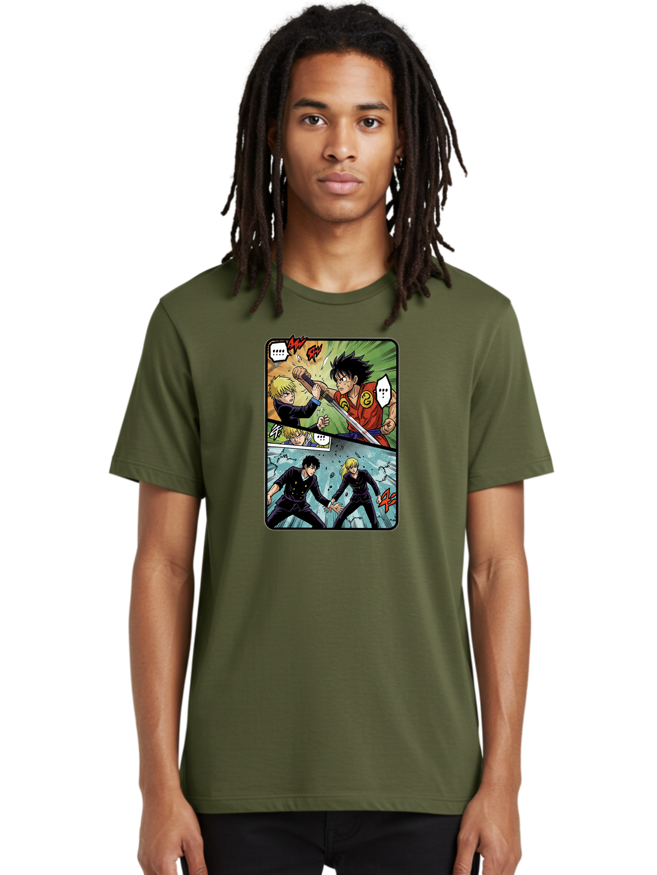 Black-And-Blonde-Anime-Boys-Fighting Men'S Graphic Tee, 100% Cotton, Comfortable Casual Summer Wear, Machine Washable, Anime Comic Strip, Action Scene, Asta And Licht Fight, Dramatic Poses, Dynamic Movement, Intense Battle, Manga Style, Bab683