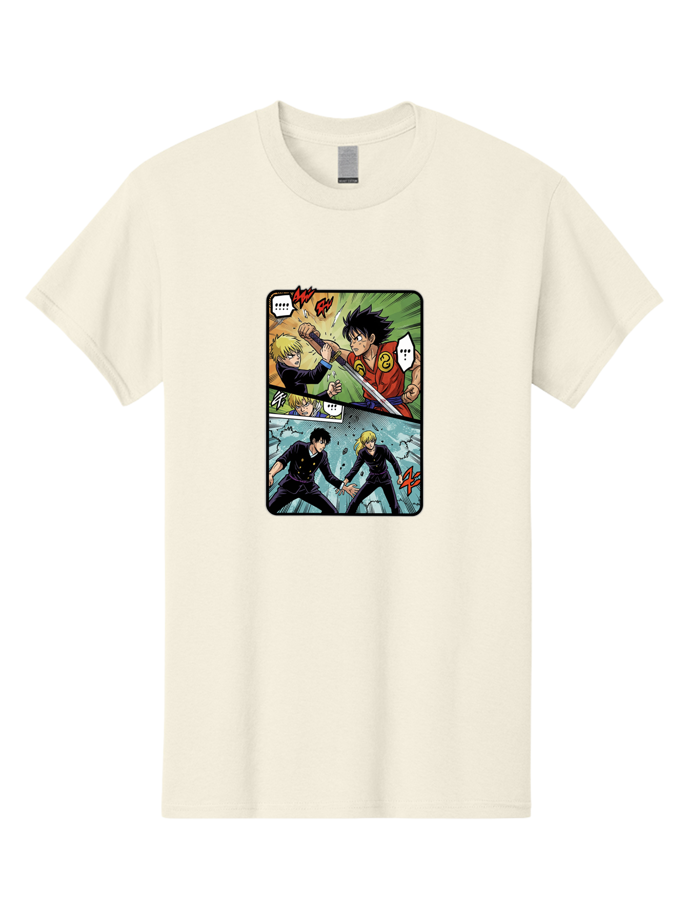 Black-And-Blonde-Anime-Boys-Fighting Men'S Graphic Tee, 100% Cotton, Comfortable Casual Summer Wear, Machine Washable, Anime Comic Strip, Action Scene, Asta And Licht Fight, Dramatic Poses, Dynamic Movement, Intense Battle, Manga Style, Bab683
