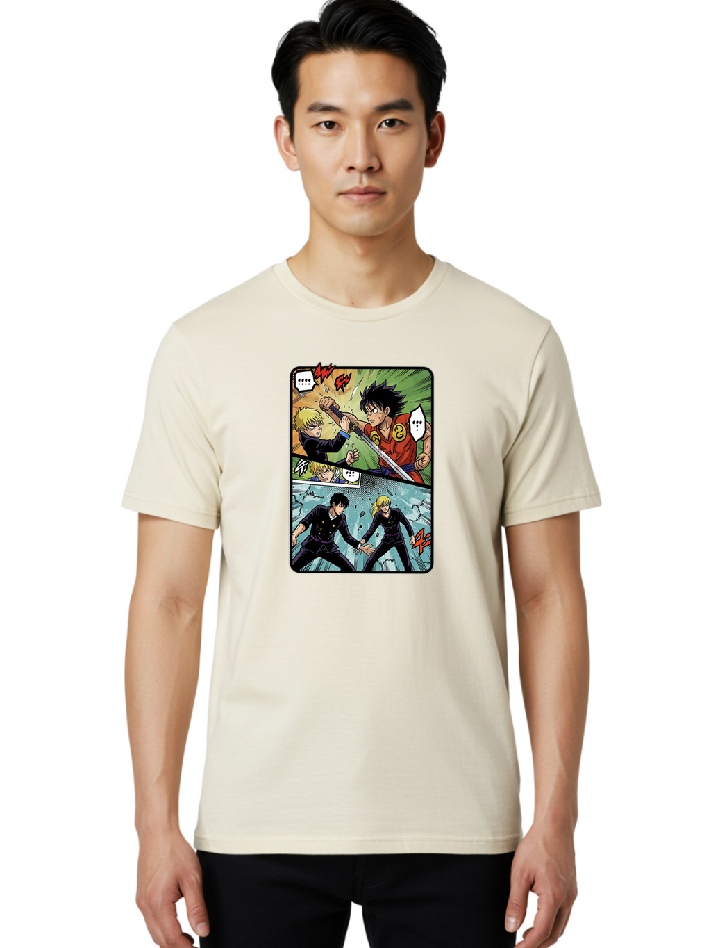 Black-And-Blonde-Anime-Boys-Fighting Men'S Graphic Tee, 100% Cotton, Comfortable Casual Summer Wear, Machine Washable, Anime Comic Strip, Action Scene, Asta And Licht Fight, Dramatic Poses, Dynamic Movement, Intense Battle, Manga Style, Bab683