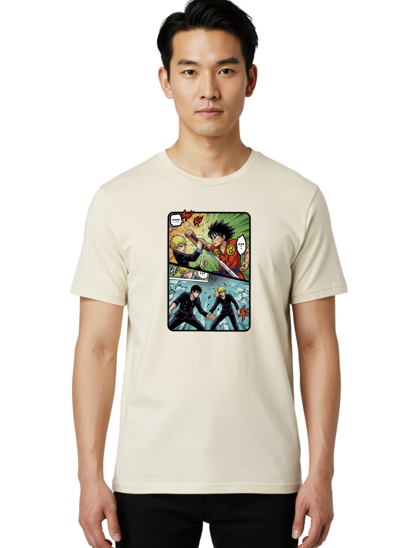 Black-And-Blonde-Anime-Boys-Fighting Men'S Graphic Tee, 100% Cotton, Comfortable Casual Summer Wear, Machine Washable, Anime Comic Strip, Action Scene, Asta And Licht Fight, Dramatic Poses, Dynamic Movement, Intense Battle, Manga Style, Bab683