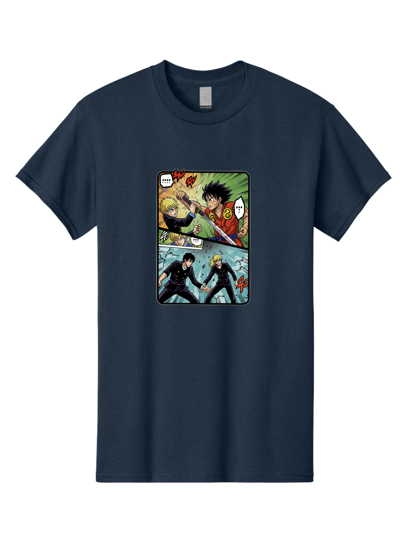 Black-And-Blonde-Anime-Boys-Fighting Men'S Graphic Tee, 100% Cotton, Comfortable Casual Summer Wear, Machine Washable, Anime Comic Strip, Action Scene, Asta And Licht Fight, Dramatic Poses, Dynamic Movement, Intense Battle, Manga Style, Bab683