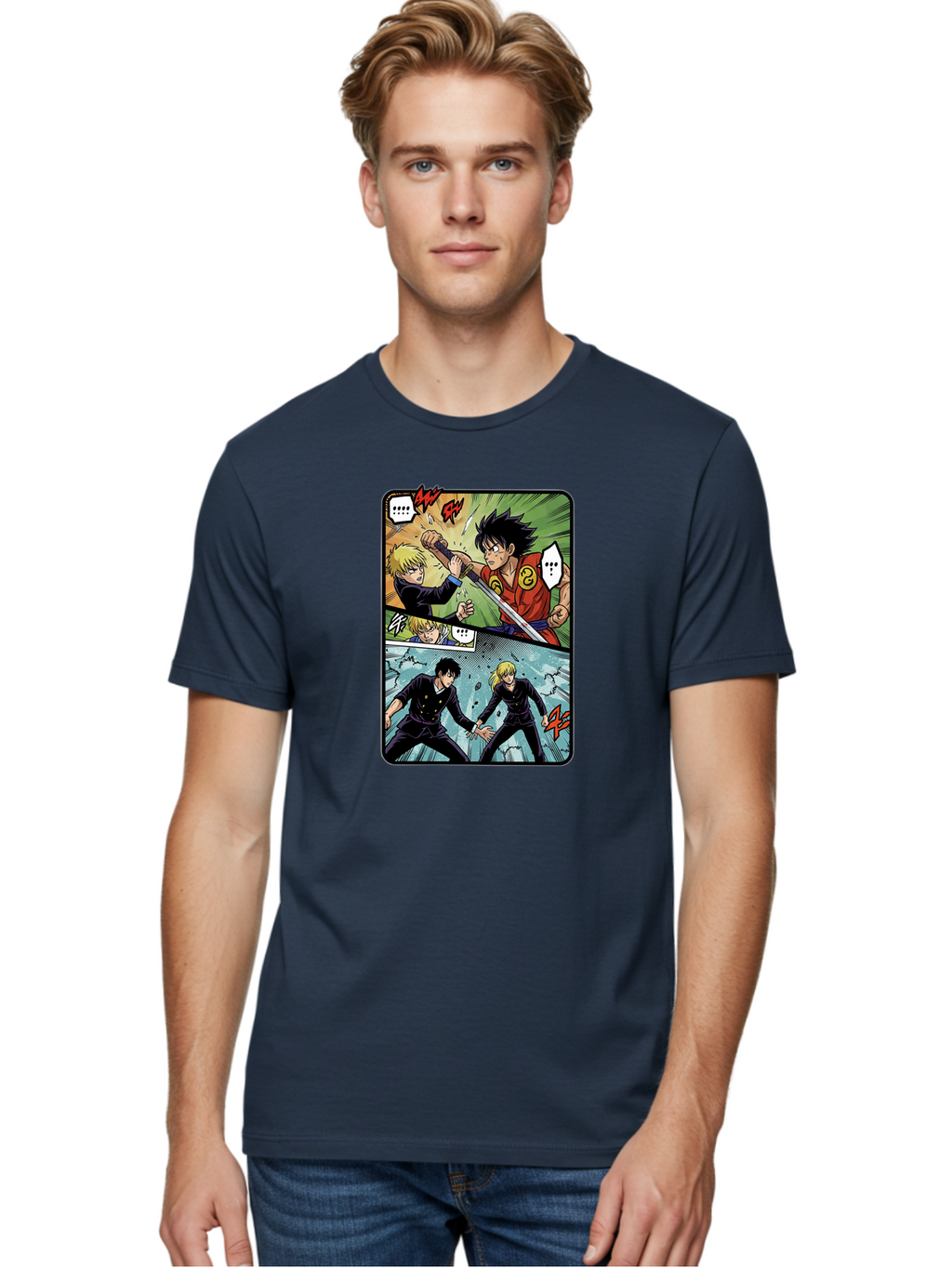 Black-And-Blonde-Anime-Boys-Fighting Men'S Graphic Tee, 100% Cotton, Comfortable Casual Summer Wear, Machine Washable, Anime Comic Strip, Action Scene, Asta And Licht Fight, Dramatic Poses, Dynamic Movement, Intense Battle, Manga Style, Bab683