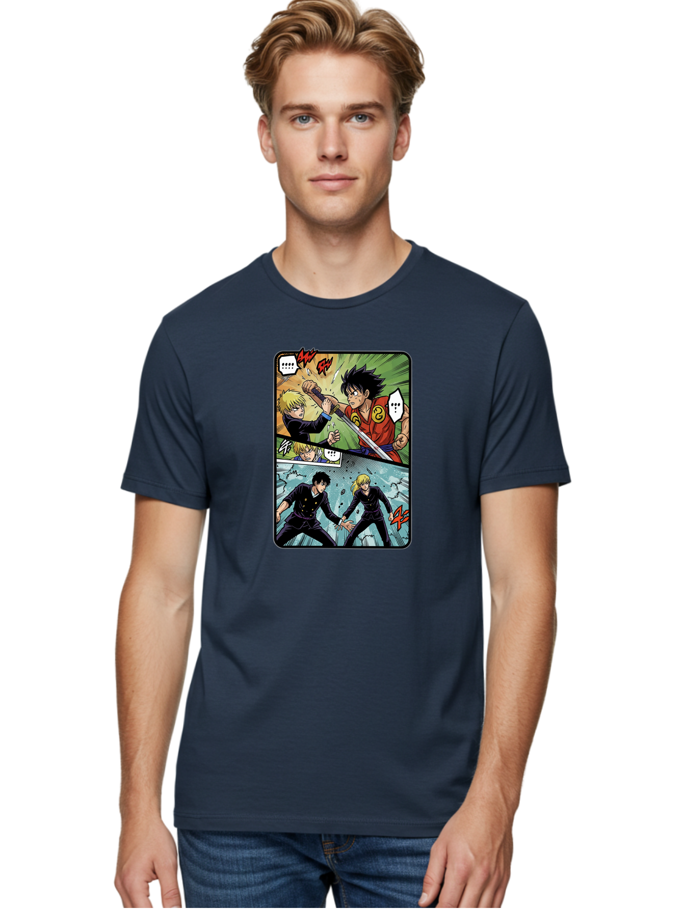 Black-And-Blonde-Anime-Boys-Fighting Men'S Graphic Tee, 100% Cotton, Comfortable Casual Summer Wear, Machine Washable, Anime Comic Strip, Action Scene, Asta And Licht Fight, Dramatic Poses, Dynamic Movement, Intense Battle, Manga Style, Bab683