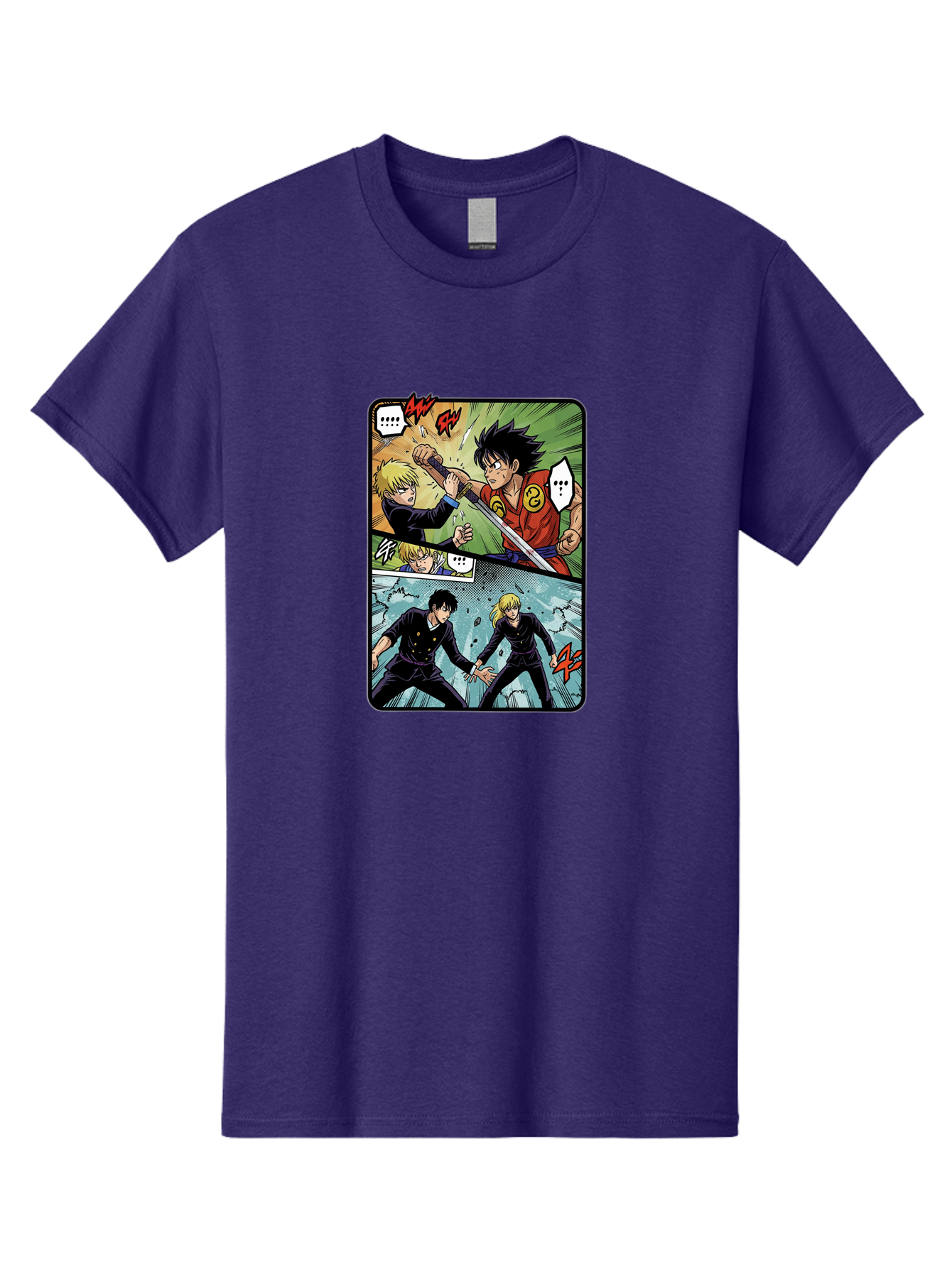Black-And-Blonde-Anime-Boys-Fighting Men'S Graphic Tee, 100% Cotton, Comfortable Casual Summer Wear, Machine Washable, Anime Comic Strip, Action Scene, Asta And Licht Fight, Dramatic Poses, Dynamic Movement, Intense Battle, Manga Style, Bab683