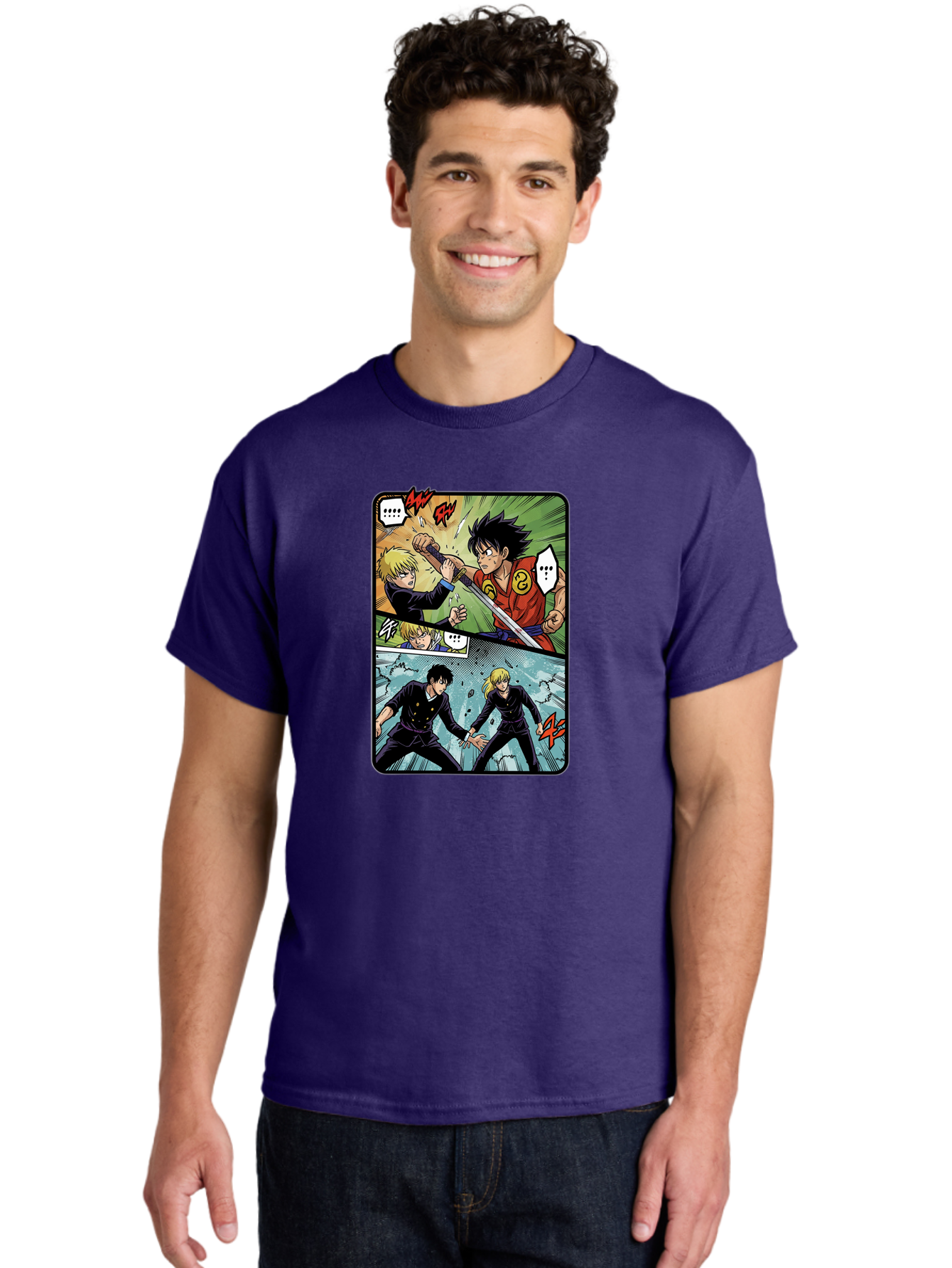 Black-And-Blonde-Anime-Boys-Fighting Men'S Graphic Tee, 100% Cotton, Comfortable Casual Summer Wear, Machine Washable, Anime Comic Strip, Action Scene, Asta And Licht Fight, Dramatic Poses, Dynamic Movement, Intense Battle, Manga Style, Bab683