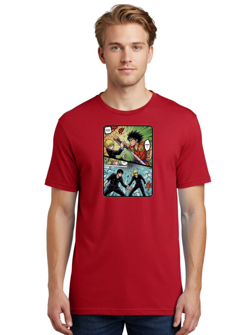 Black-And-Blonde-Anime-Boys-Fighting Men'S Graphic Tee, 100% Cotton, Comfortable Casual Summer Wear, Machine Washable, Anime Comic Strip, Action Scene, Asta And Licht Fight, Dramatic Poses, Dynamic Movement, Intense Battle, Manga Style, Bab683