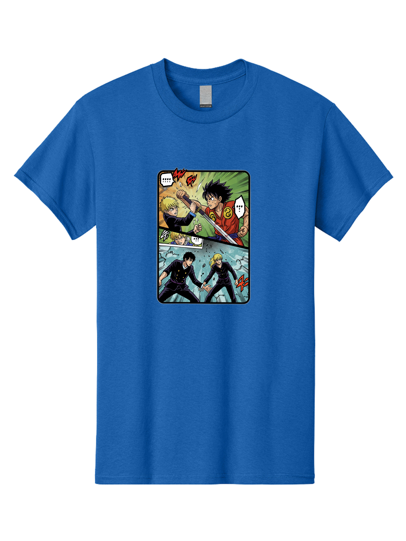 Black-And-Blonde-Anime-Boys-Fighting Men'S Graphic Tee, 100% Cotton, Comfortable Casual Summer Wear, Machine Washable, Anime Comic Strip, Action Scene, Asta And Licht Fight, Dramatic Poses, Dynamic Movement, Intense Battle, Manga Style, Bab683