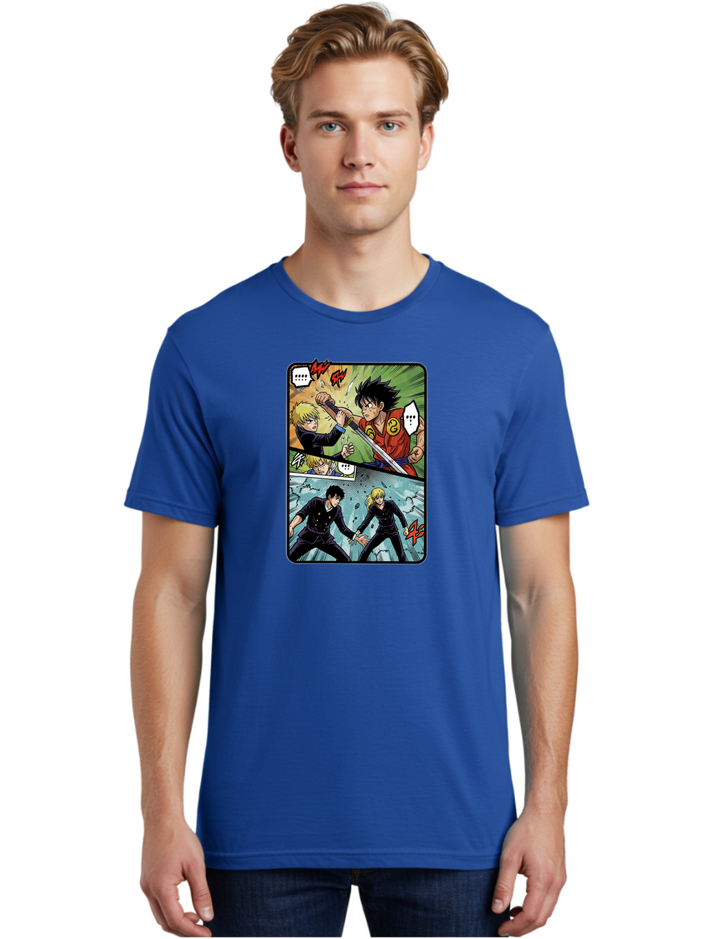Black-And-Blonde-Anime-Boys-Fighting Men'S Graphic Tee, 100% Cotton, Comfortable Casual Summer Wear, Machine Washable, Anime Comic Strip, Action Scene, Asta And Licht Fight, Dramatic Poses, Dynamic Movement, Intense Battle, Manga Style, Bab683