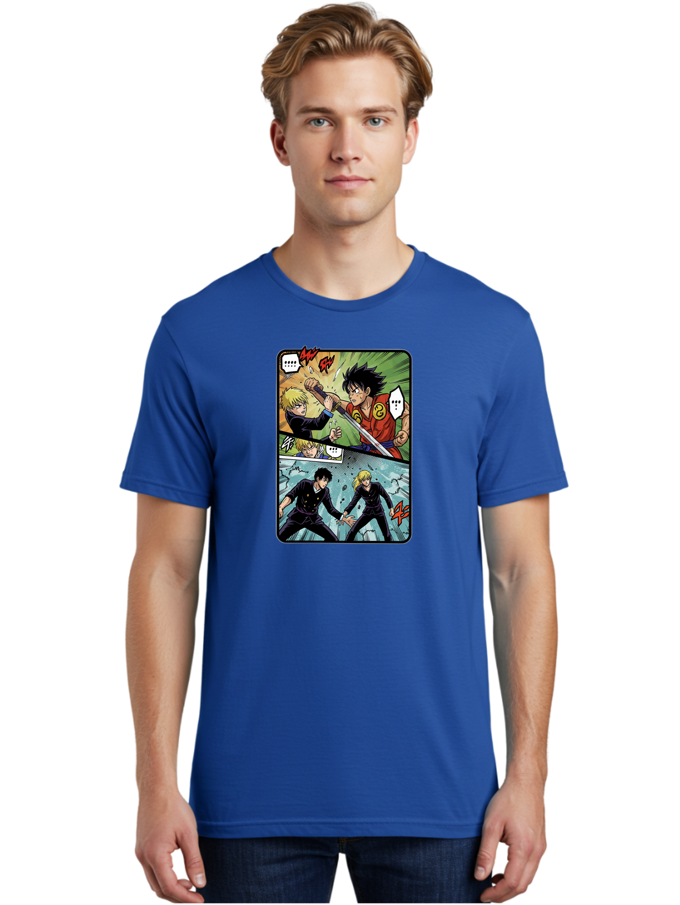 Black-And-Blonde-Anime-Boys-Fighting Men'S Graphic Tee, 100% Cotton, Comfortable Casual Summer Wear, Machine Washable, Anime Comic Strip, Action Scene, Asta And Licht Fight, Dramatic Poses, Dynamic Movement, Intense Battle, Manga Style, Bab683