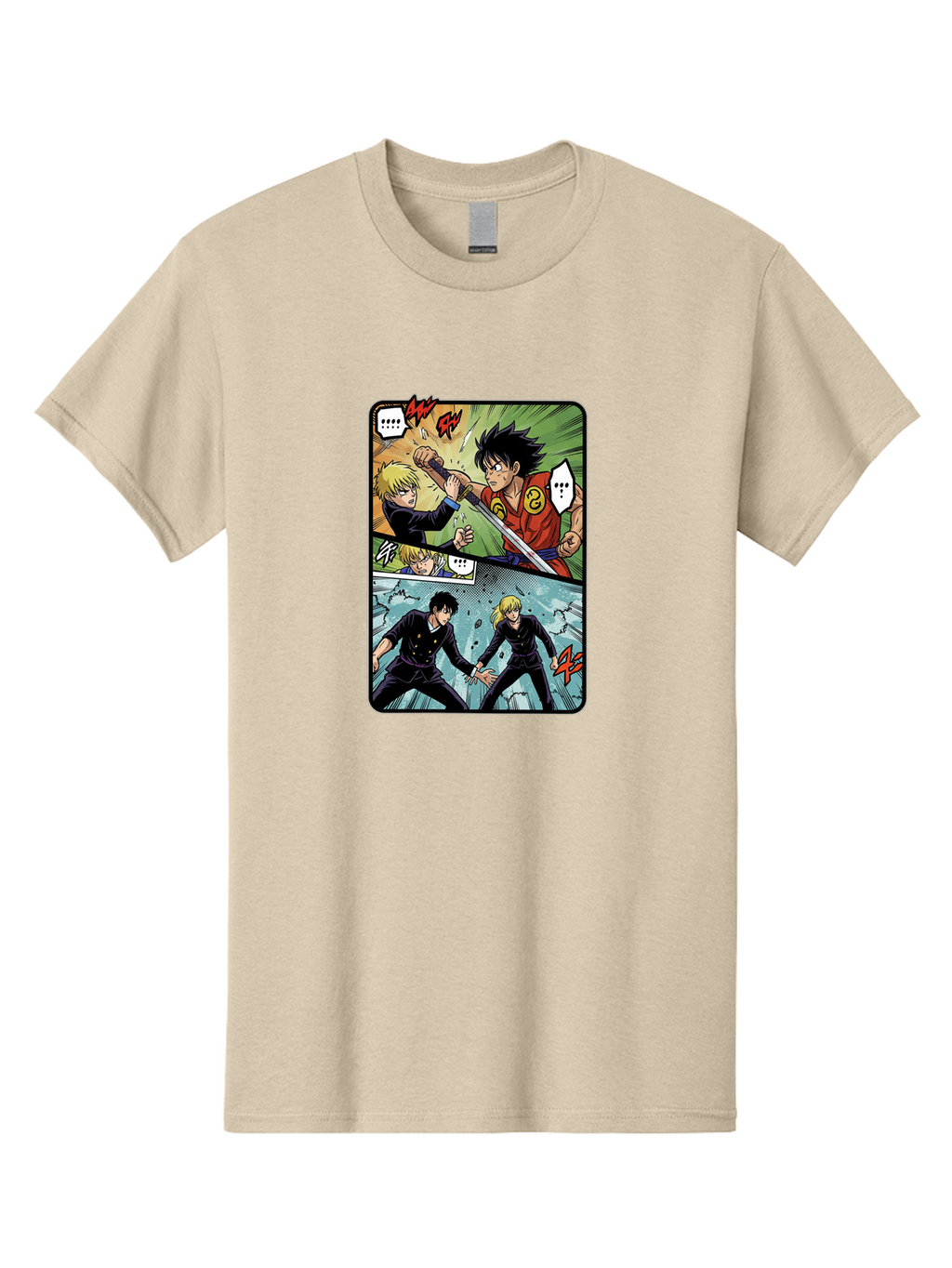 Black-And-Blonde-Anime-Boys-Fighting Men'S Graphic Tee, 100% Cotton, Comfortable Casual Summer Wear, Machine Washable, Anime Comic Strip, Action Scene, Asta And Licht Fight, Dramatic Poses, Dynamic Movement, Intense Battle, Manga Style, Bab683