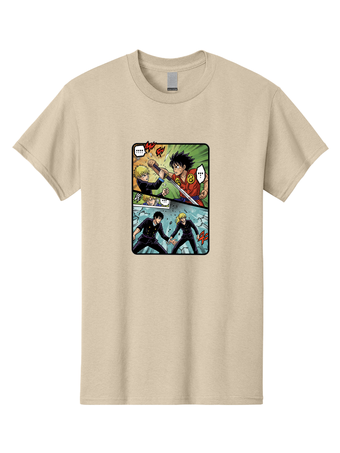 Black-And-Blonde-Anime-Boys-Fighting Men'S Graphic Tee, 100% Cotton, Comfortable Casual Summer Wear, Machine Washable, Anime Comic Strip, Action Scene, Asta And Licht Fight, Dramatic Poses, Dynamic Movement, Intense Battle, Manga Style, Bab683