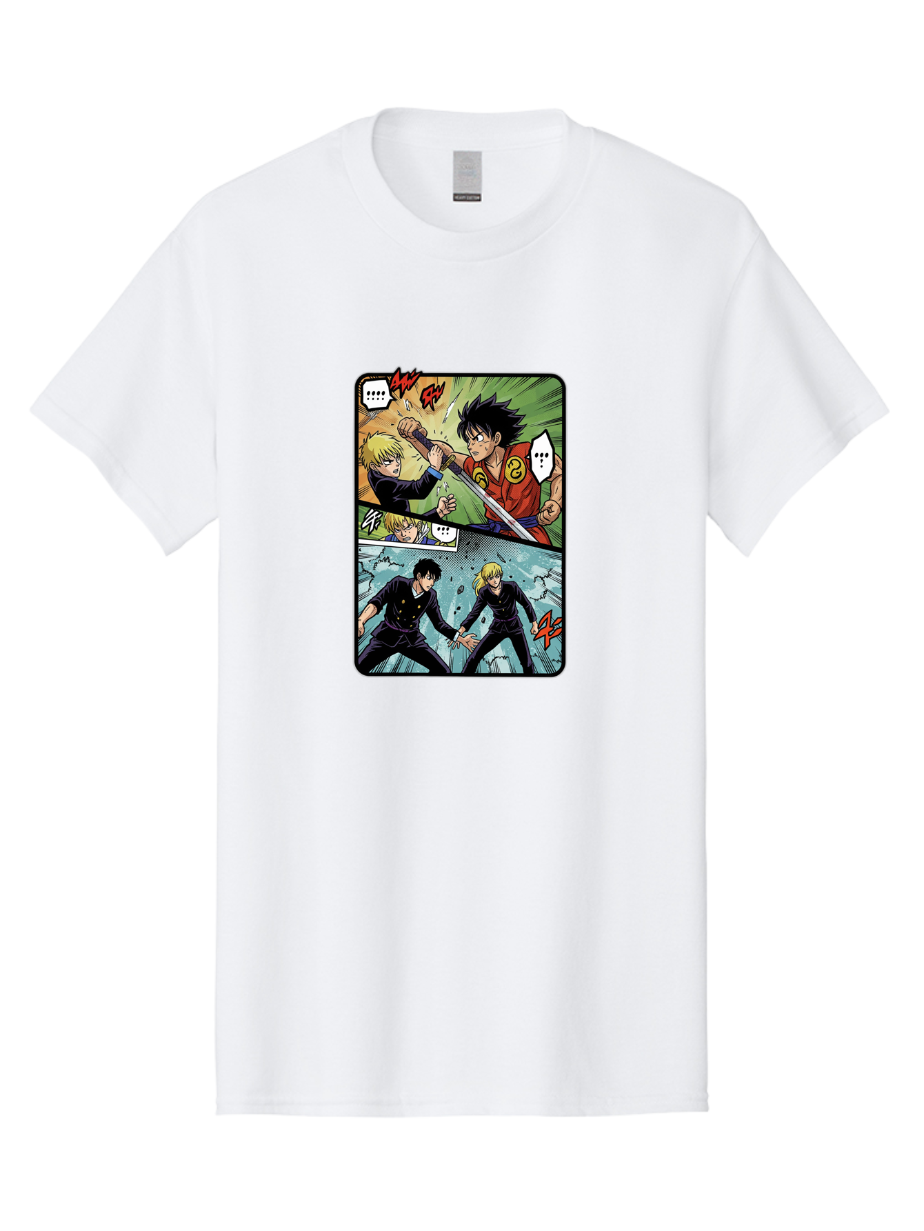 Black-And-Blonde-Anime-Boys-Fighting Men'S Graphic Tee, 100% Cotton, Comfortable Casual Summer Wear, Machine Washable, Anime Comic Strip, Action Scene, Asta And Licht Fight, Dramatic Poses, Dynamic Movement, Intense Battle, Manga Style, Bab683