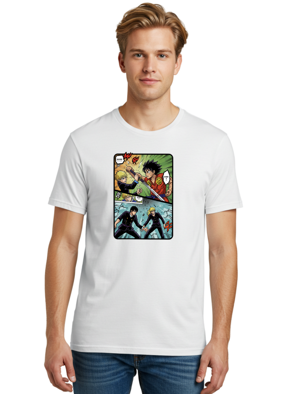 Black-And-Blonde-Anime-Boys-Fighting Men'S Graphic Tee, 100% Cotton, Comfortable Casual Summer Wear, Machine Washable, Anime Comic Strip, Action Scene, Asta And Licht Fight, Dramatic Poses, Dynamic Movement, Intense Battle, Manga Style, Bab683