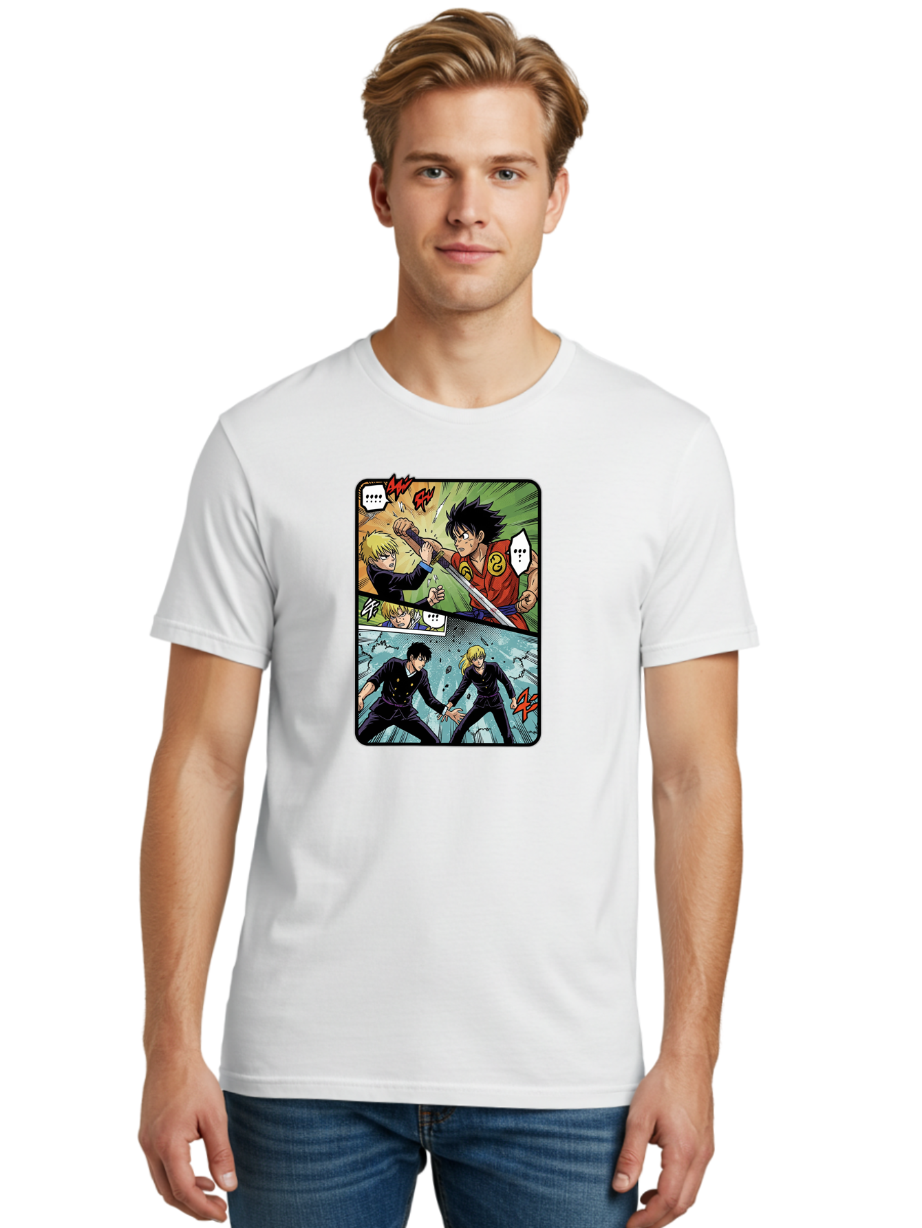 Black-And-Blonde-Anime-Boys-Fighting Men'S Graphic Tee, 100% Cotton, Comfortable Casual Summer Wear, Machine Washable, Anime Comic Strip, Action Scene, Asta And Licht Fight, Dramatic Poses, Dynamic Movement, Intense Battle, Manga Style, Bab683