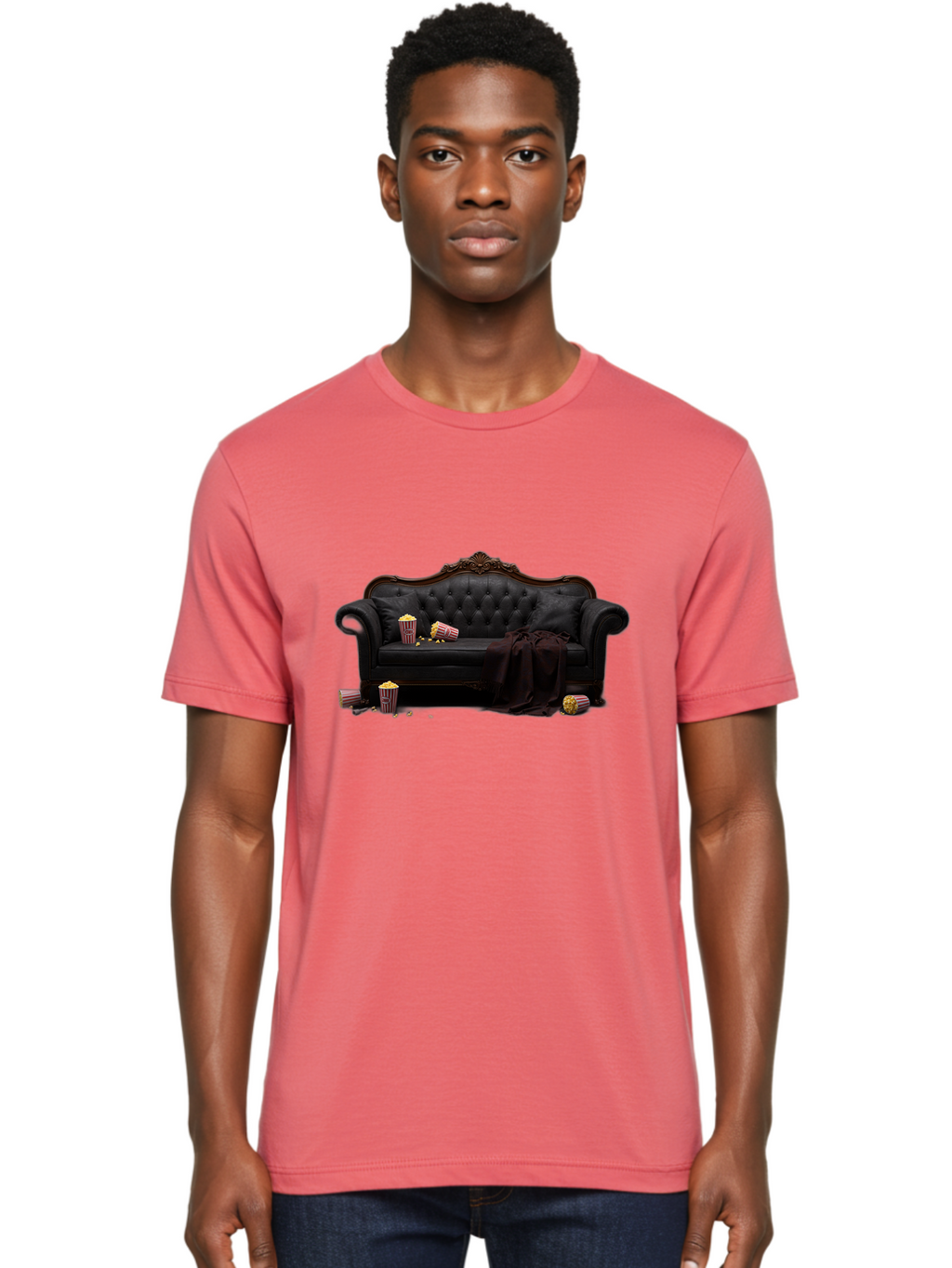 Black-Leather-Couch Men'S Graphic Tee, 100% Cotton, Comfortable Casual Summer Wear, Machine Washable, Black Leather Sofa, Tufted Design, Chocolate Brown Trim, Scattered Popcorn, Striped Popcorn Buckets, Cozy Living Room, Luxurious Furniture, Bab684