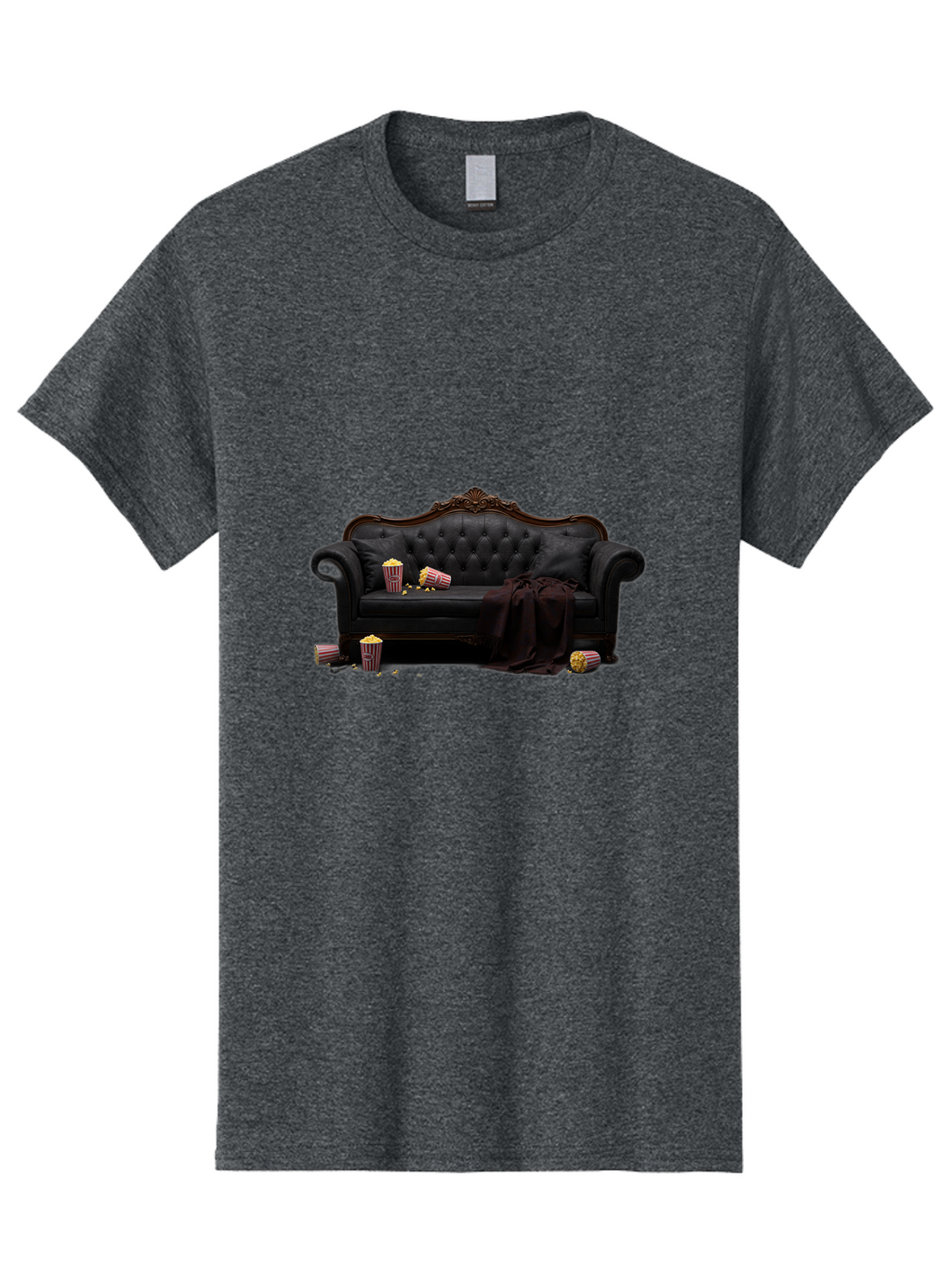 Black-Leather-Couch Men'S Graphic Tee, 100% Cotton, Comfortable Casual Summer Wear, Machine Washable, Black Leather Sofa, Tufted Design, Chocolate Brown Trim, Scattered Popcorn, Striped Popcorn Buckets, Cozy Living Room, Luxurious Furniture, Bab684
