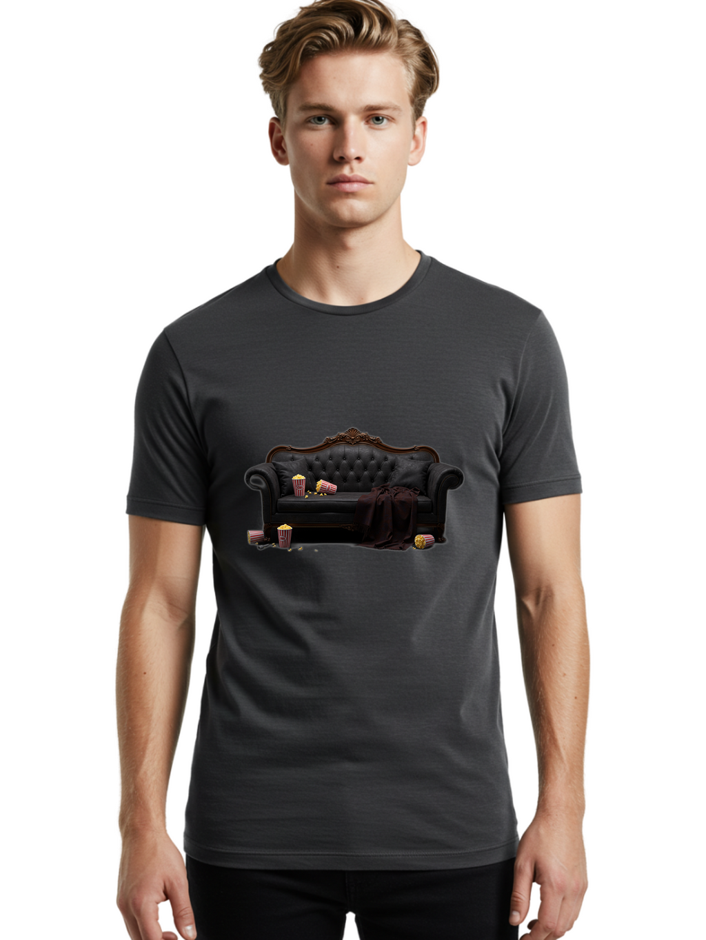 Black-Leather-Couch Men'S Graphic Tee, 100% Cotton, Comfortable Casual Summer Wear, Machine Washable, Black Leather Sofa, Tufted Design, Chocolate Brown Trim, Scattered Popcorn, Striped Popcorn Buckets, Cozy Living Room, Luxurious Furniture, Bab684