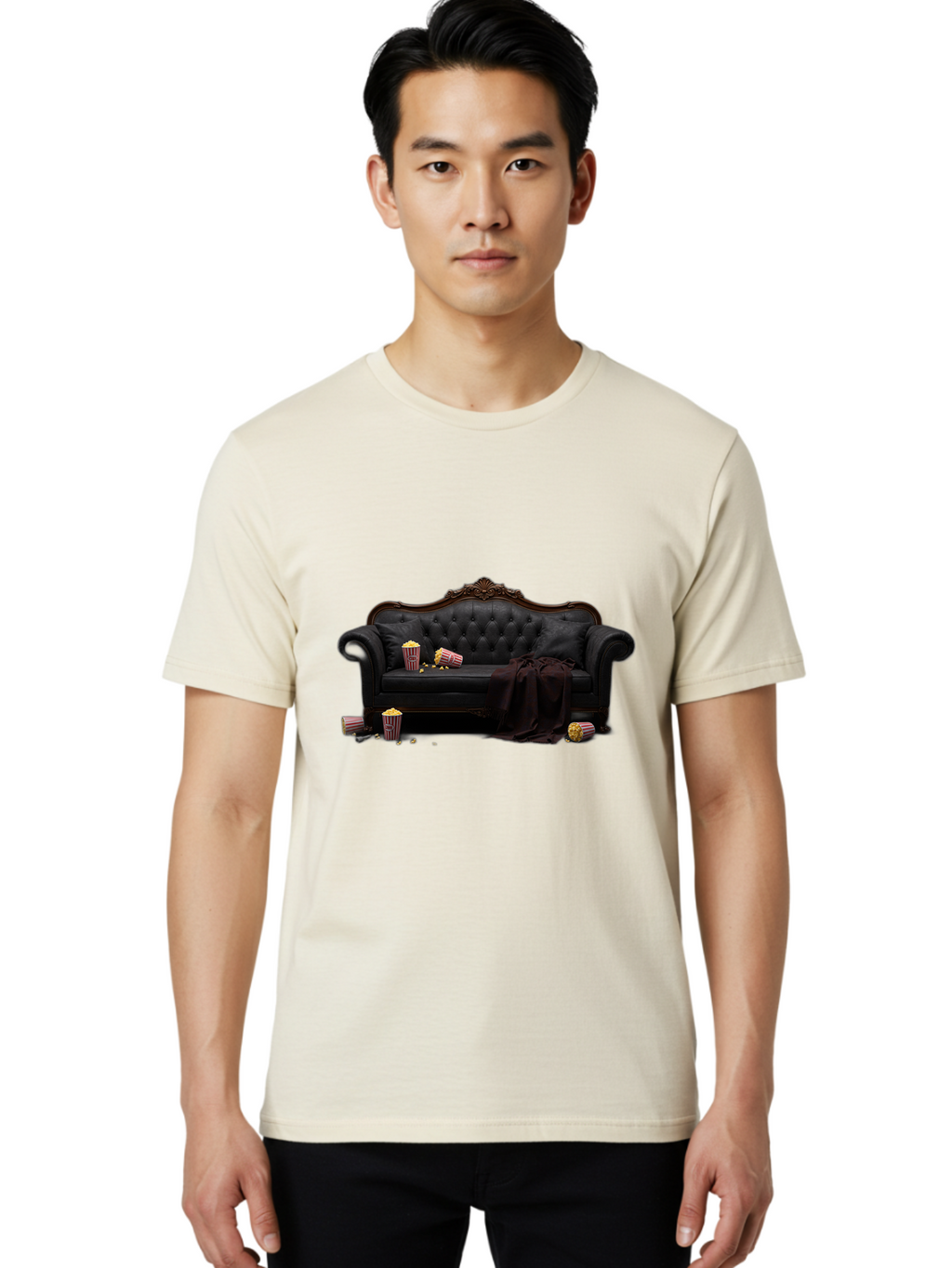 Black-Leather-Couch Men'S Graphic Tee, 100% Cotton, Comfortable Casual Summer Wear, Machine Washable, Black Leather Sofa, Tufted Design, Chocolate Brown Trim, Scattered Popcorn, Striped Popcorn Buckets, Cozy Living Room, Luxurious Furniture, Bab684