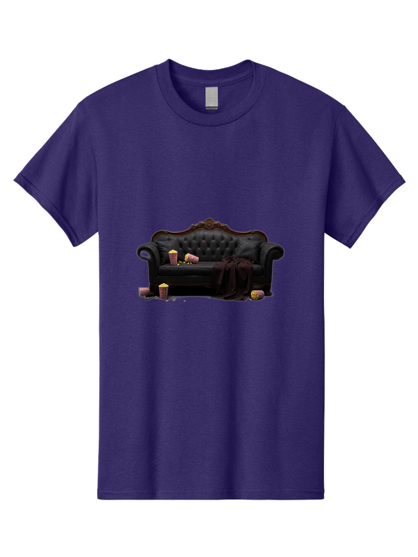 Black-Leather-Couch Men'S Graphic Tee, 100% Cotton, Comfortable Casual Summer Wear, Machine Washable, Black Leather Sofa, Tufted Design, Chocolate Brown Trim, Scattered Popcorn, Striped Popcorn Buckets, Cozy Living Room, Luxurious Furniture, Bab684
