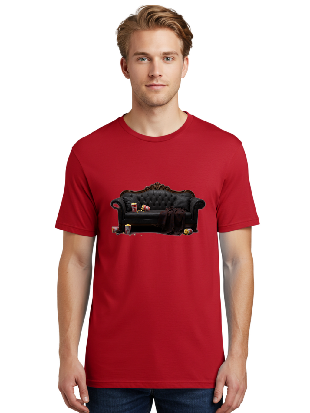 Black-Leather-Couch Men'S Graphic Tee, 100% Cotton, Comfortable Casual Summer Wear, Machine Washable, Black Leather Sofa, Tufted Design, Chocolate Brown Trim, Scattered Popcorn, Striped Popcorn Buckets, Cozy Living Room, Luxurious Furniture, Bab684