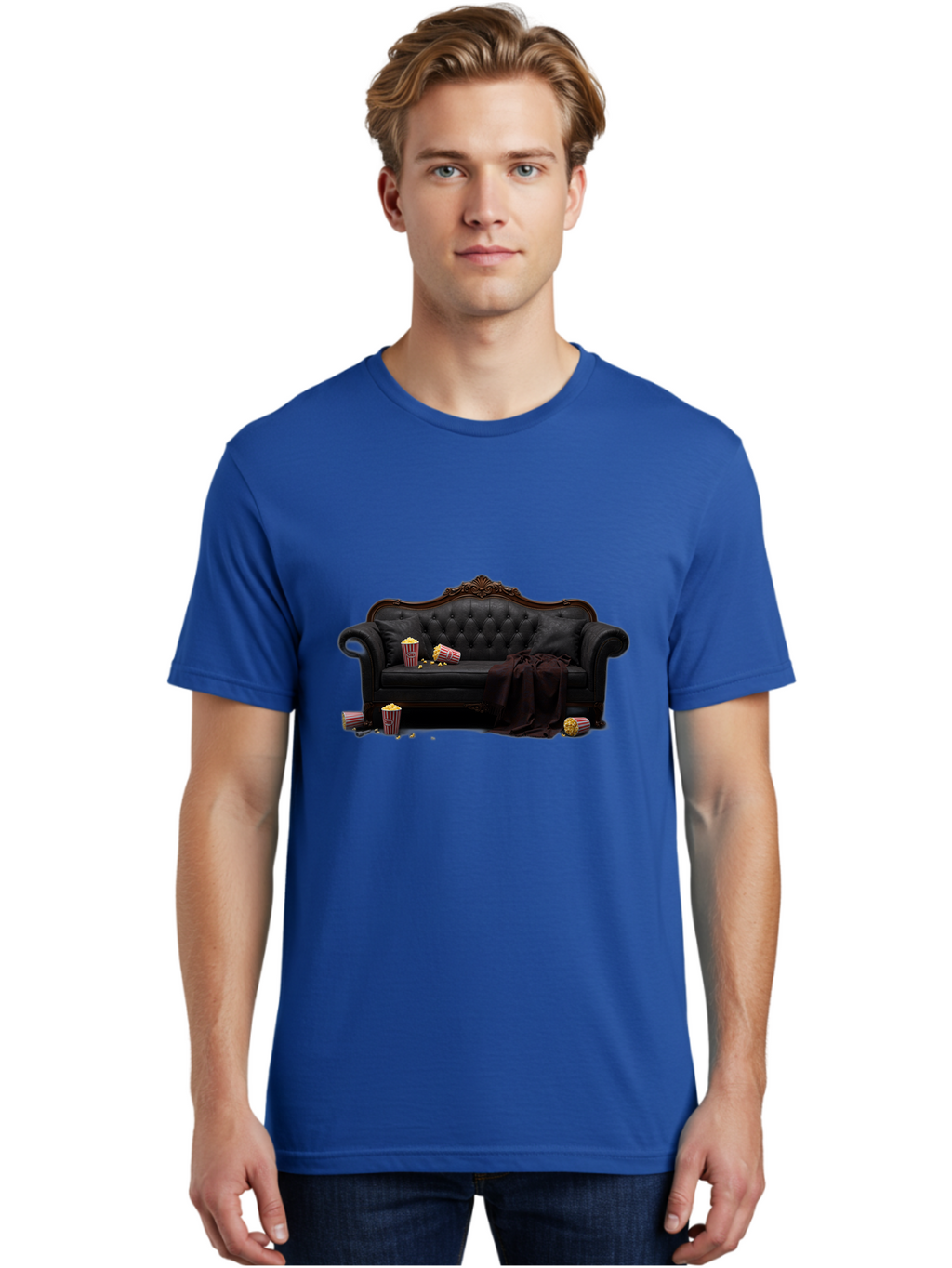 Black-Leather-Couch Men'S Graphic Tee, 100% Cotton, Comfortable Casual Summer Wear, Machine Washable, Black Leather Sofa, Tufted Design, Chocolate Brown Trim, Scattered Popcorn, Striped Popcorn Buckets, Cozy Living Room, Luxurious Furniture, Bab684