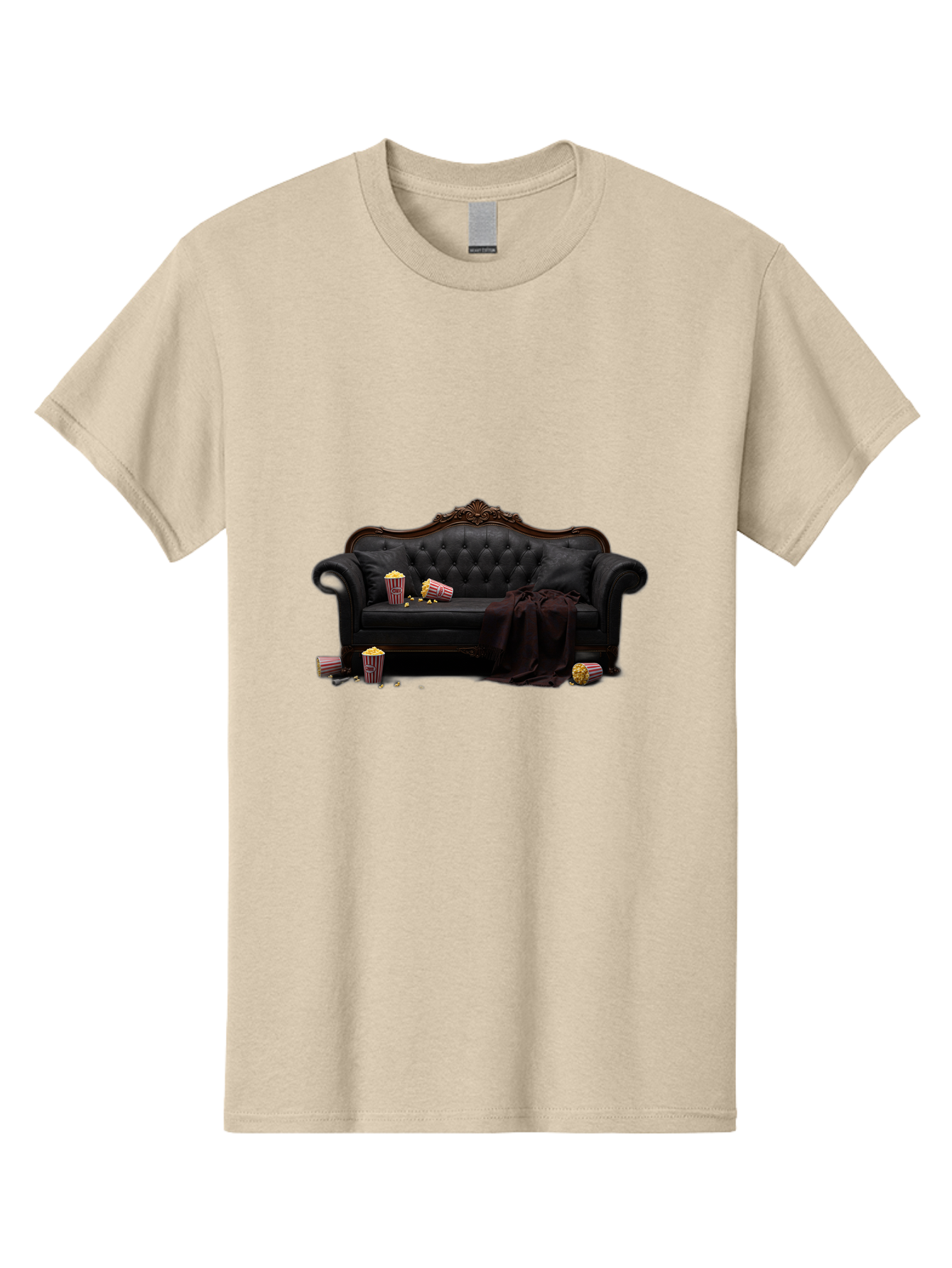 Black-Leather-Couch Men'S Graphic Tee, 100% Cotton, Comfortable Casual Summer Wear, Machine Washable, Black Leather Sofa, Tufted Design, Chocolate Brown Trim, Scattered Popcorn, Striped Popcorn Buckets, Cozy Living Room, Luxurious Furniture, Bab684