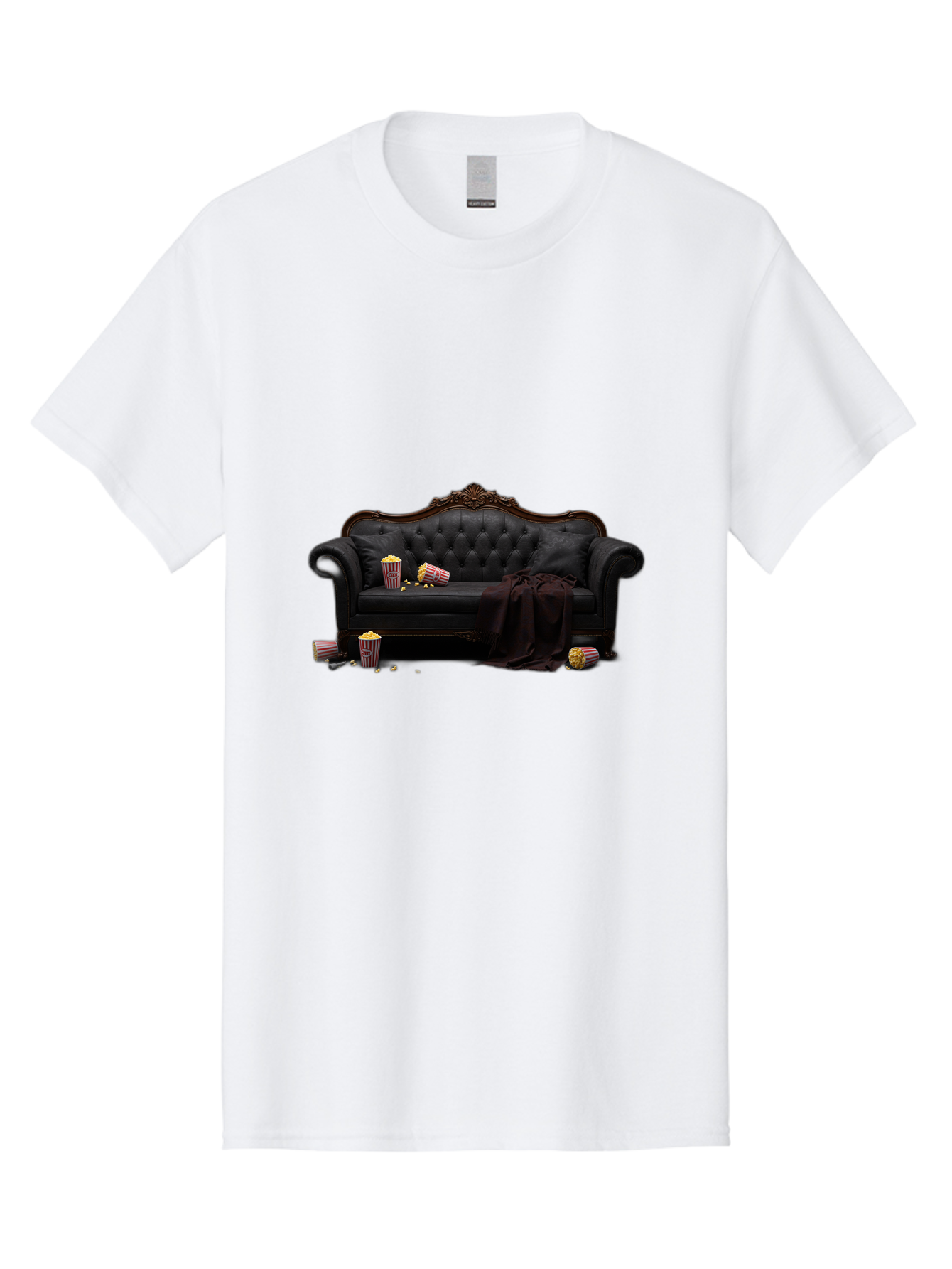 Black-Leather-Couch Men'S Graphic Tee, 100% Cotton, Comfortable Casual Summer Wear, Machine Washable, Black Leather Sofa, Tufted Design, Chocolate Brown Trim, Scattered Popcorn, Striped Popcorn Buckets, Cozy Living Room, Luxurious Furniture, Bab684