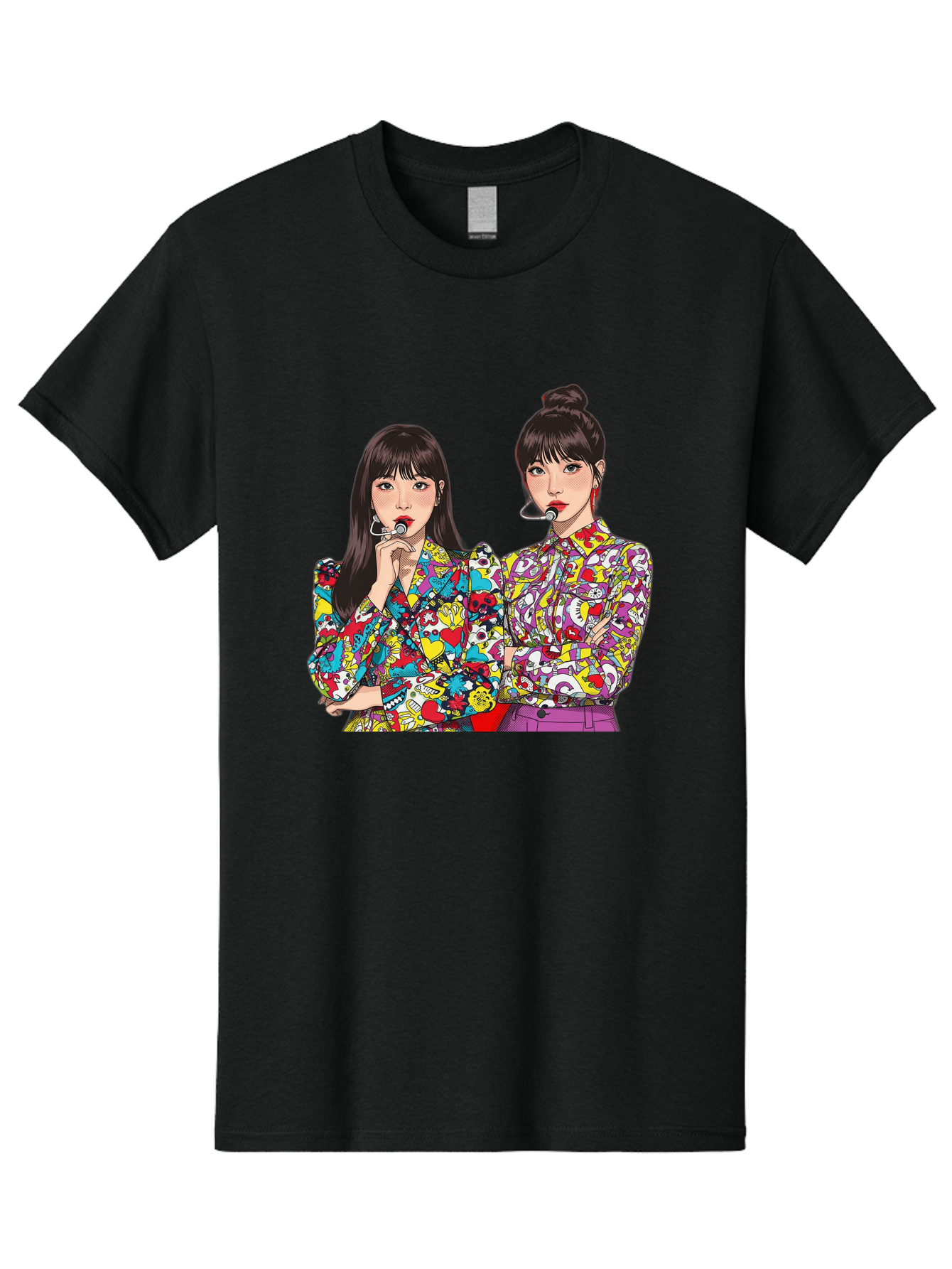 Blackpink Men'S Graphic Tee, 100% Cotton, Comfortable Casual Summer Wear, Machine Washable, K-Pop Performers, Musical Artists, Trendy Fashion, Vibrant Colors, Confident Pose, Pop Art Style, Bold Hairstyles, Red Lipstick, Cartoon Illustration, Bab685