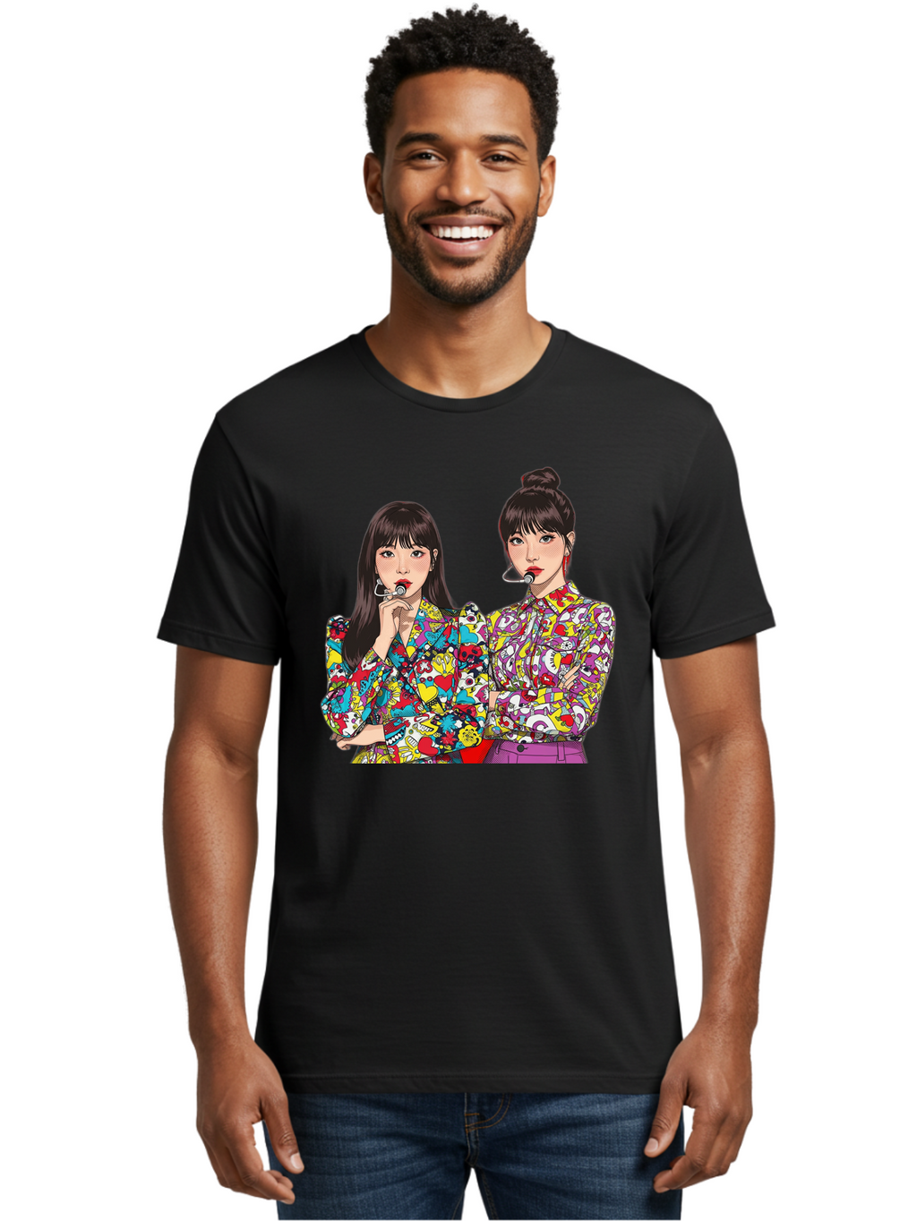 Blackpink Men'S Graphic Tee, 100% Cotton, Comfortable Casual Summer Wear, Machine Washable, K-Pop Performers, Musical Artists, Trendy Fashion, Vibrant Colors, Confident Pose, Pop Art Style, Bold Hairstyles, Red Lipstick, Cartoon Illustration, Bab685