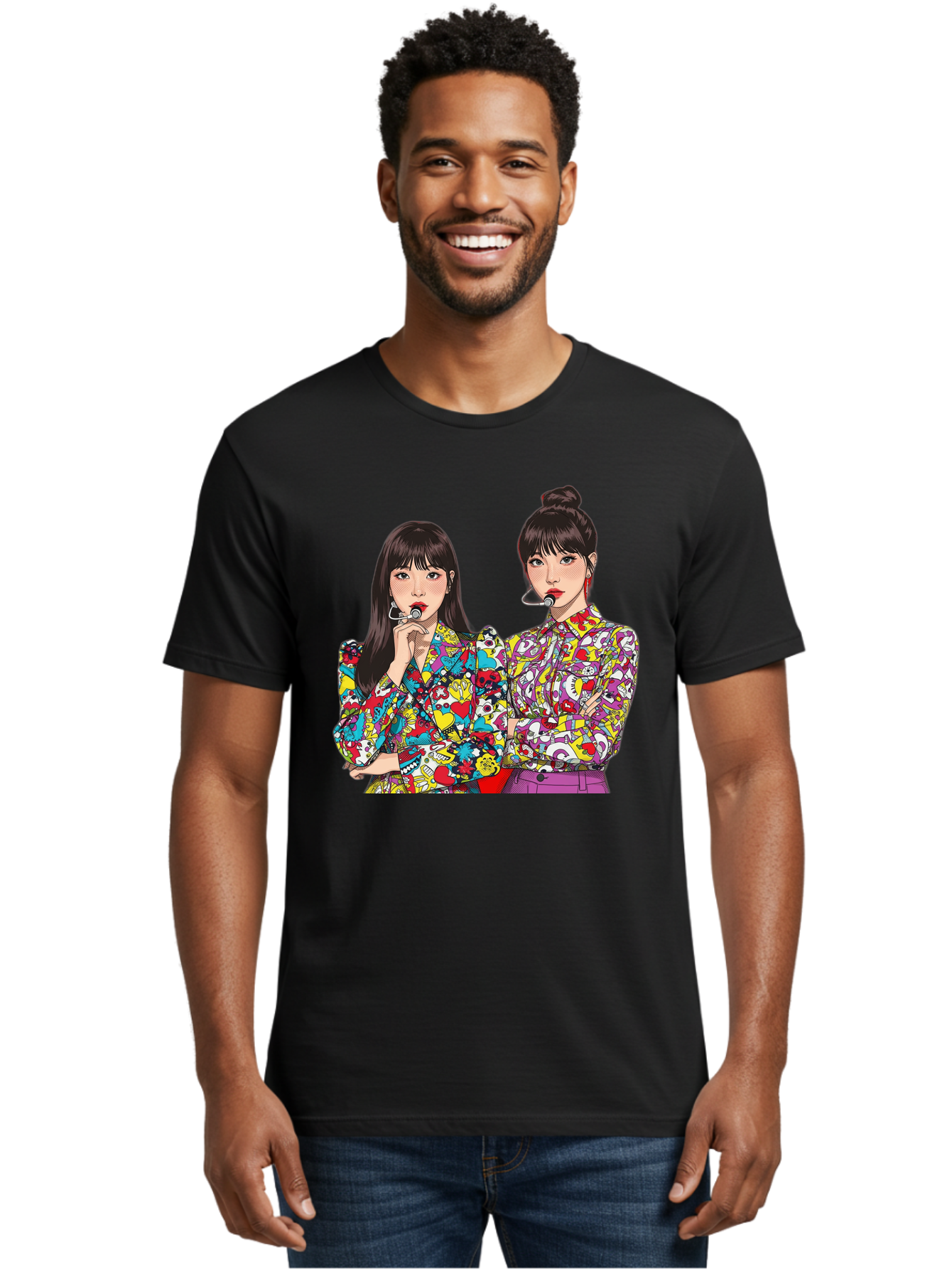 Blackpink Men'S Graphic Tee, 100% Cotton, Comfortable Casual Summer Wear, Machine Washable, K-Pop Performers, Musical Artists, Trendy Fashion, Vibrant Colors, Confident Pose, Pop Art Style, Bold Hairstyles, Red Lipstick, Cartoon Illustration, Bab685