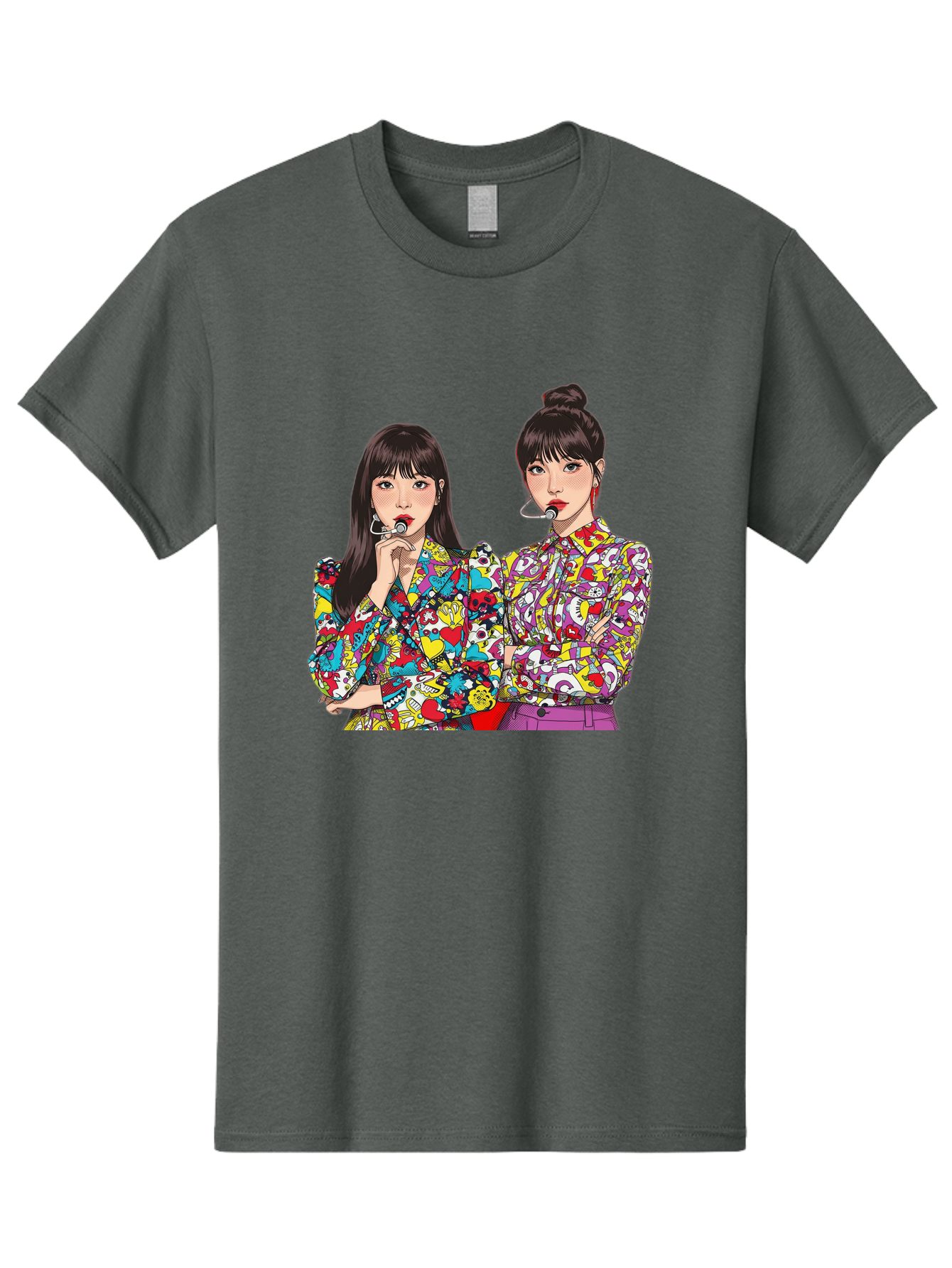 Blackpink Men'S Graphic Tee, 100% Cotton, Comfortable Casual Summer Wear, Machine Washable, K-Pop Performers, Musical Artists, Trendy Fashion, Vibrant Colors, Confident Pose, Pop Art Style, Bold Hairstyles, Red Lipstick, Cartoon Illustration, Bab685