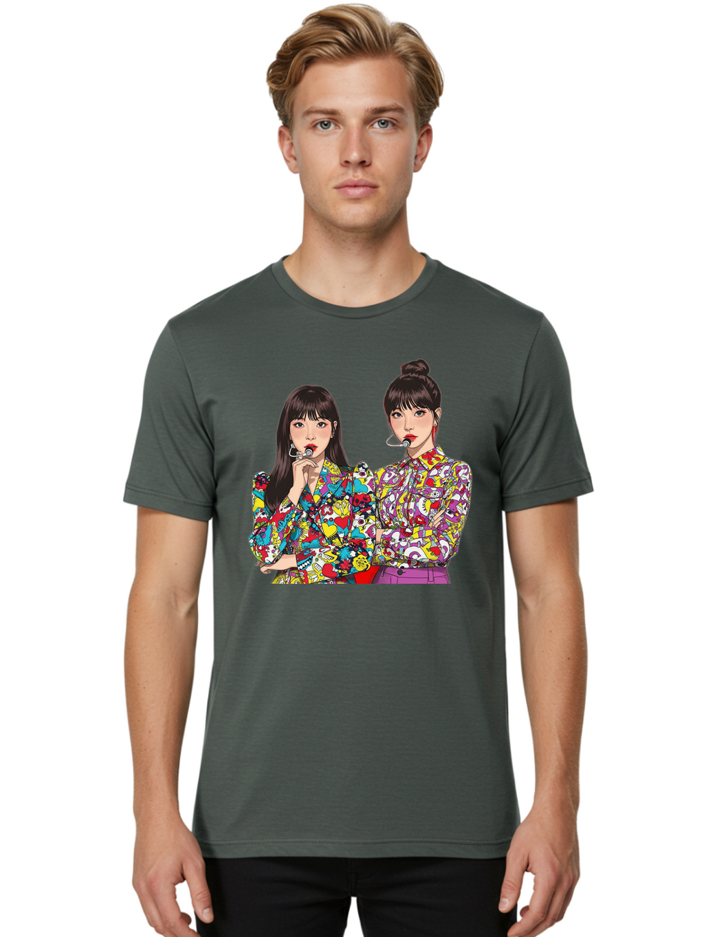 Blackpink Men'S Graphic Tee, 100% Cotton, Comfortable Casual Summer Wear, Machine Washable, K-Pop Performers, Musical Artists, Trendy Fashion, Vibrant Colors, Confident Pose, Pop Art Style, Bold Hairstyles, Red Lipstick, Cartoon Illustration, Bab685