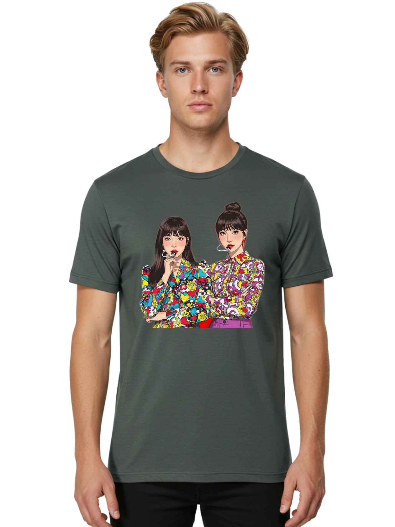 Blackpink Men'S Graphic Tee, 100% Cotton, Comfortable Casual Summer Wear, Machine Washable, K-Pop Performers, Musical Artists, Trendy Fashion, Vibrant Colors, Confident Pose, Pop Art Style, Bold Hairstyles, Red Lipstick, Cartoon Illustration, Bab685