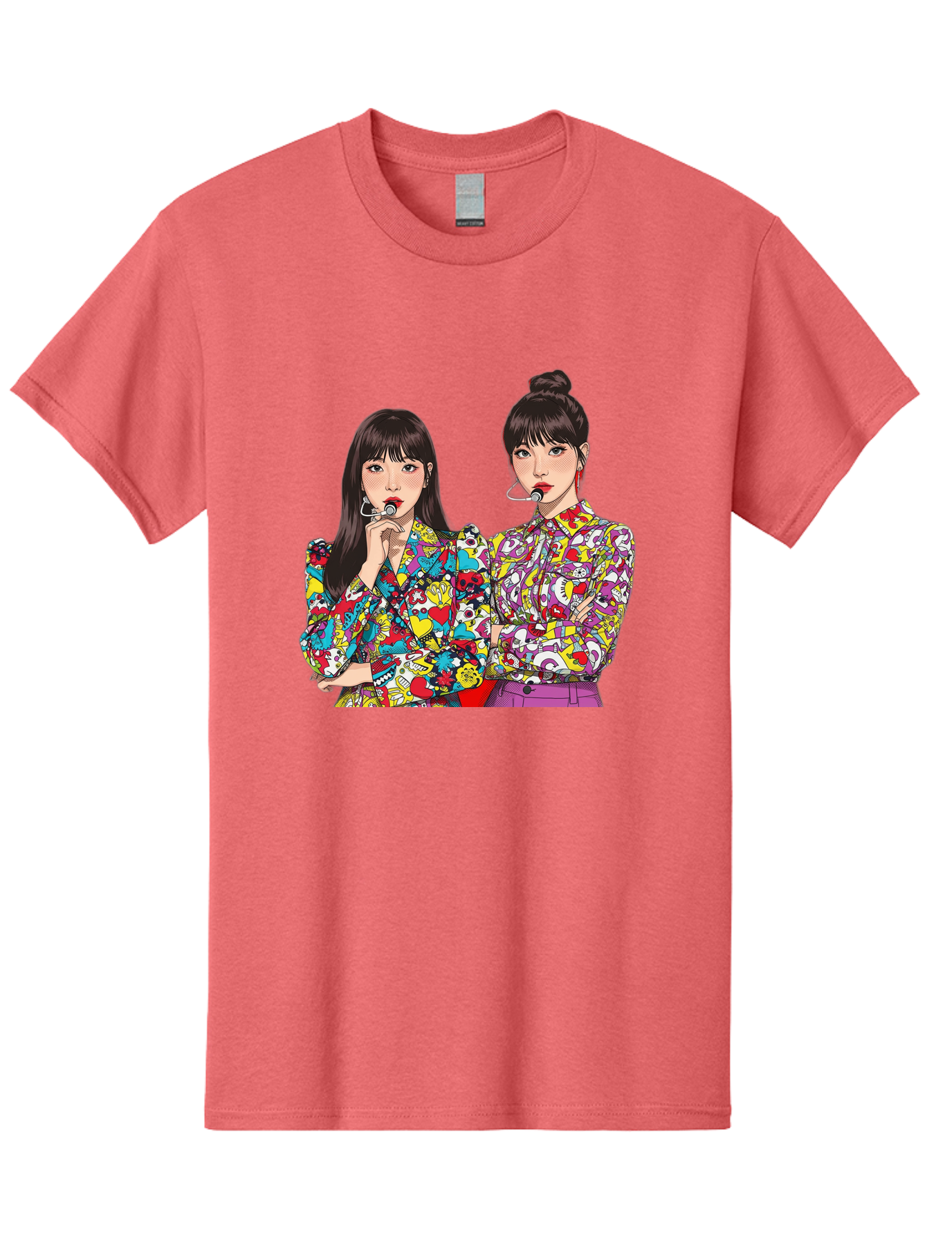 Blackpink Men'S Graphic Tee, 100% Cotton, Comfortable Casual Summer Wear, Machine Washable, K-Pop Performers, Musical Artists, Trendy Fashion, Vibrant Colors, Confident Pose, Pop Art Style, Bold Hairstyles, Red Lipstick, Cartoon Illustration, Bab685