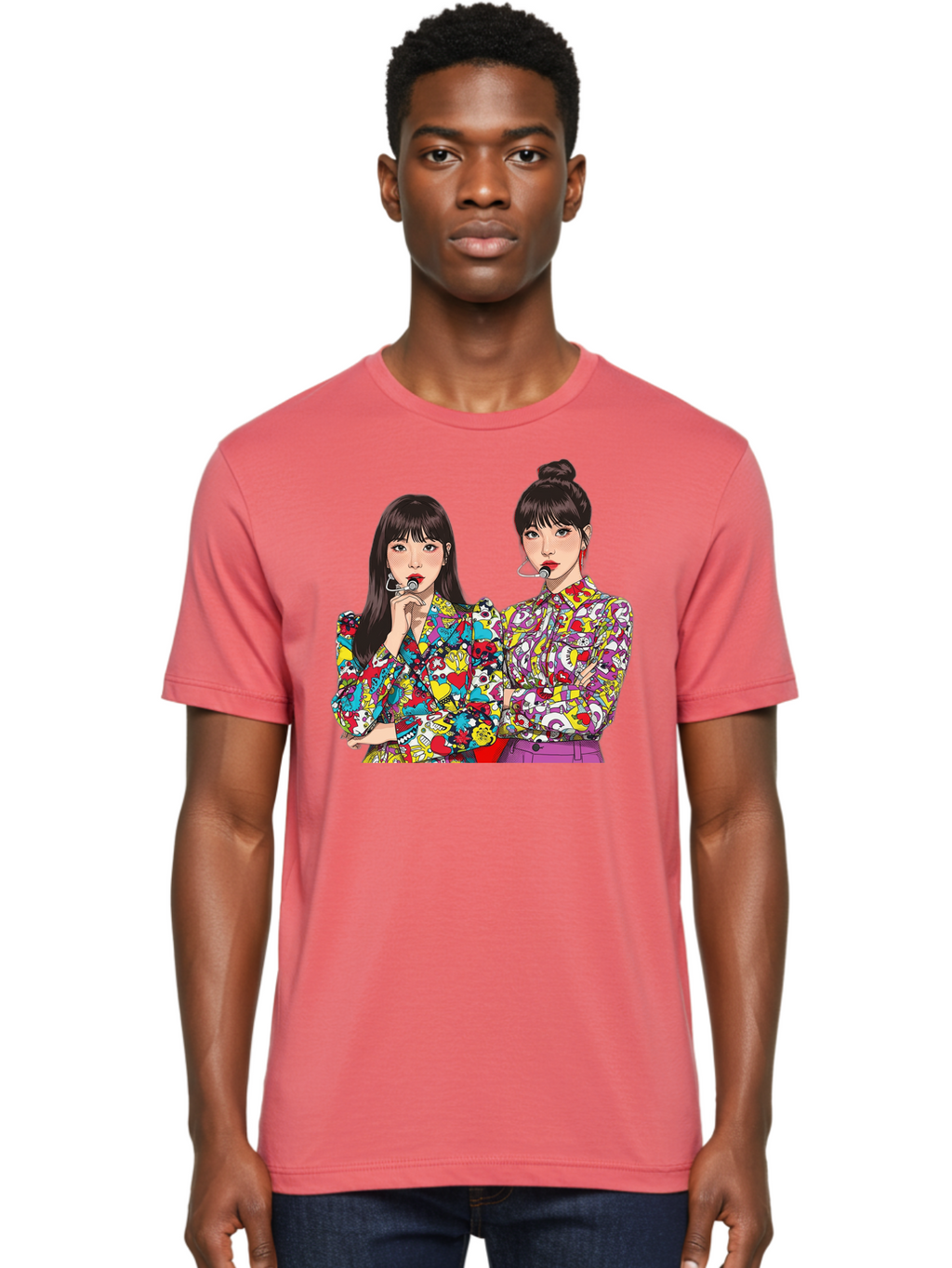 Blackpink Men'S Graphic Tee, 100% Cotton, Comfortable Casual Summer Wear, Machine Washable, K-Pop Performers, Musical Artists, Trendy Fashion, Vibrant Colors, Confident Pose, Pop Art Style, Bold Hairstyles, Red Lipstick, Cartoon Illustration, Bab685