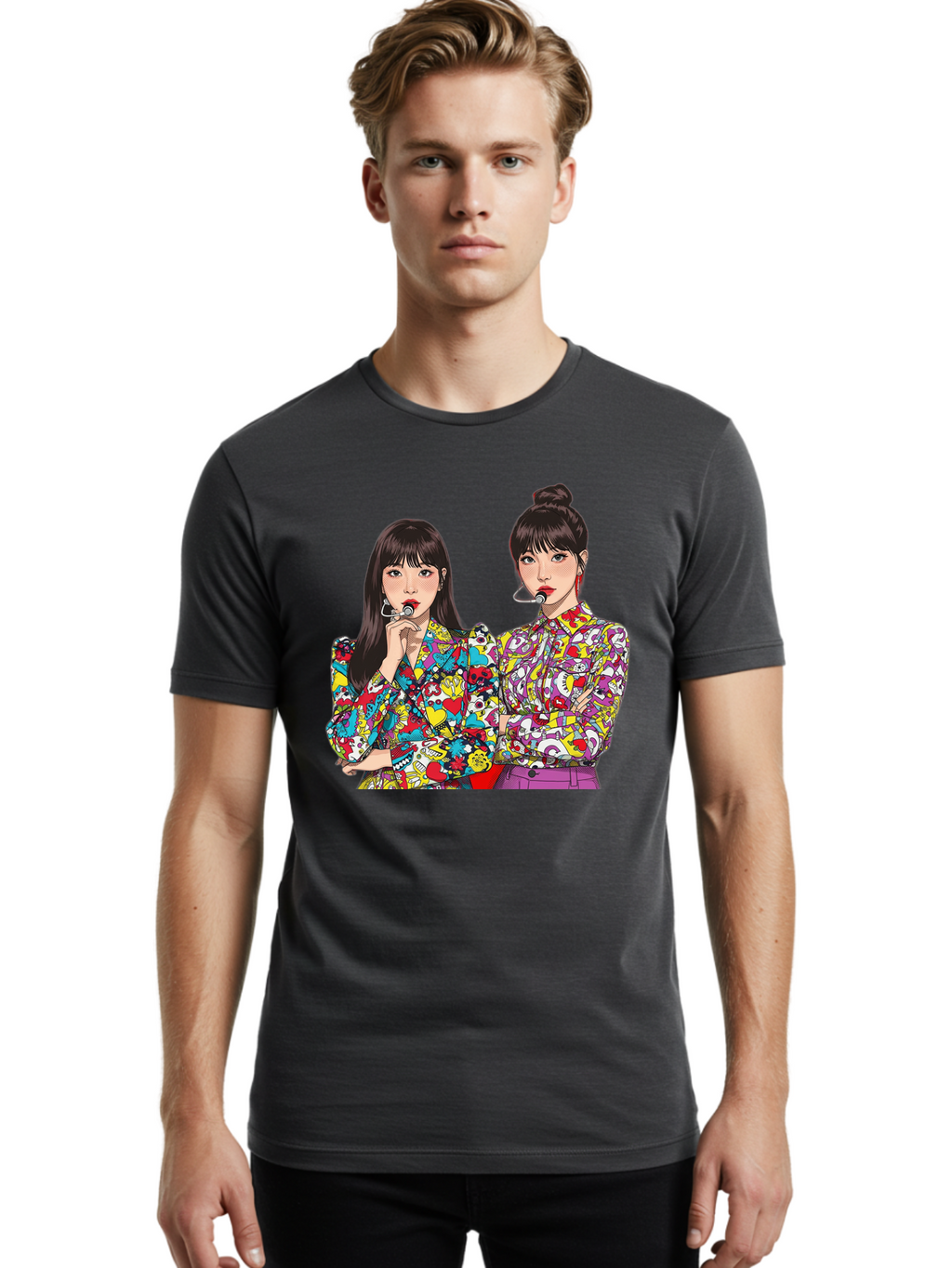Blackpink Men'S Graphic Tee, 100% Cotton, Comfortable Casual Summer Wear, Machine Washable, K-Pop Performers, Musical Artists, Trendy Fashion, Vibrant Colors, Confident Pose, Pop Art Style, Bold Hairstyles, Red Lipstick, Cartoon Illustration, Bab685